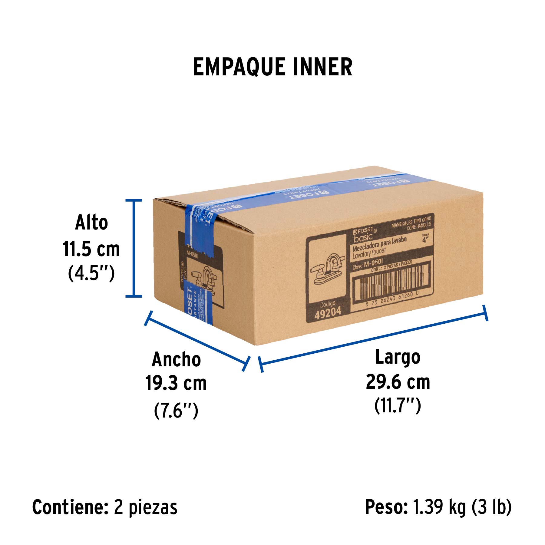 Mezcladora 4" para lavabo, cuello curvo, manerales cono - Empaque