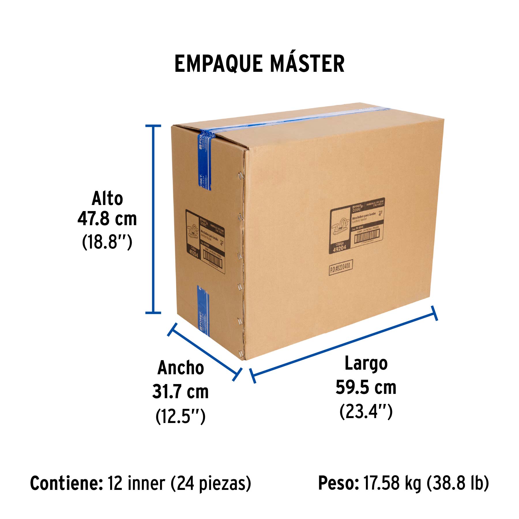 Mezcladora 4" para lavabo, cuello curvo, manerales cono - Empaque