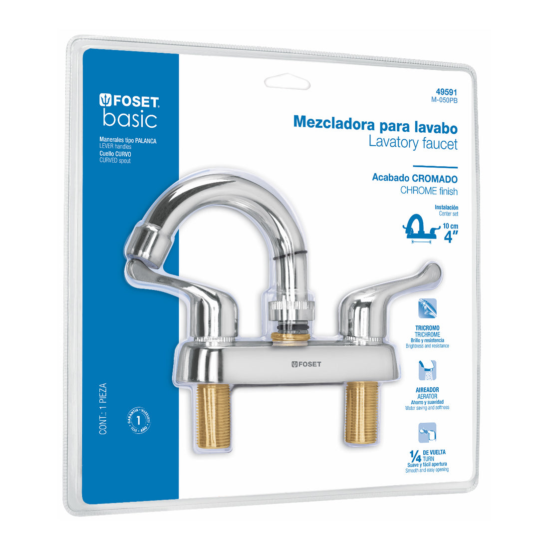 Mezcladora 4" lavabo, ABS,cuello curvo,palanca,blíster,BASIC