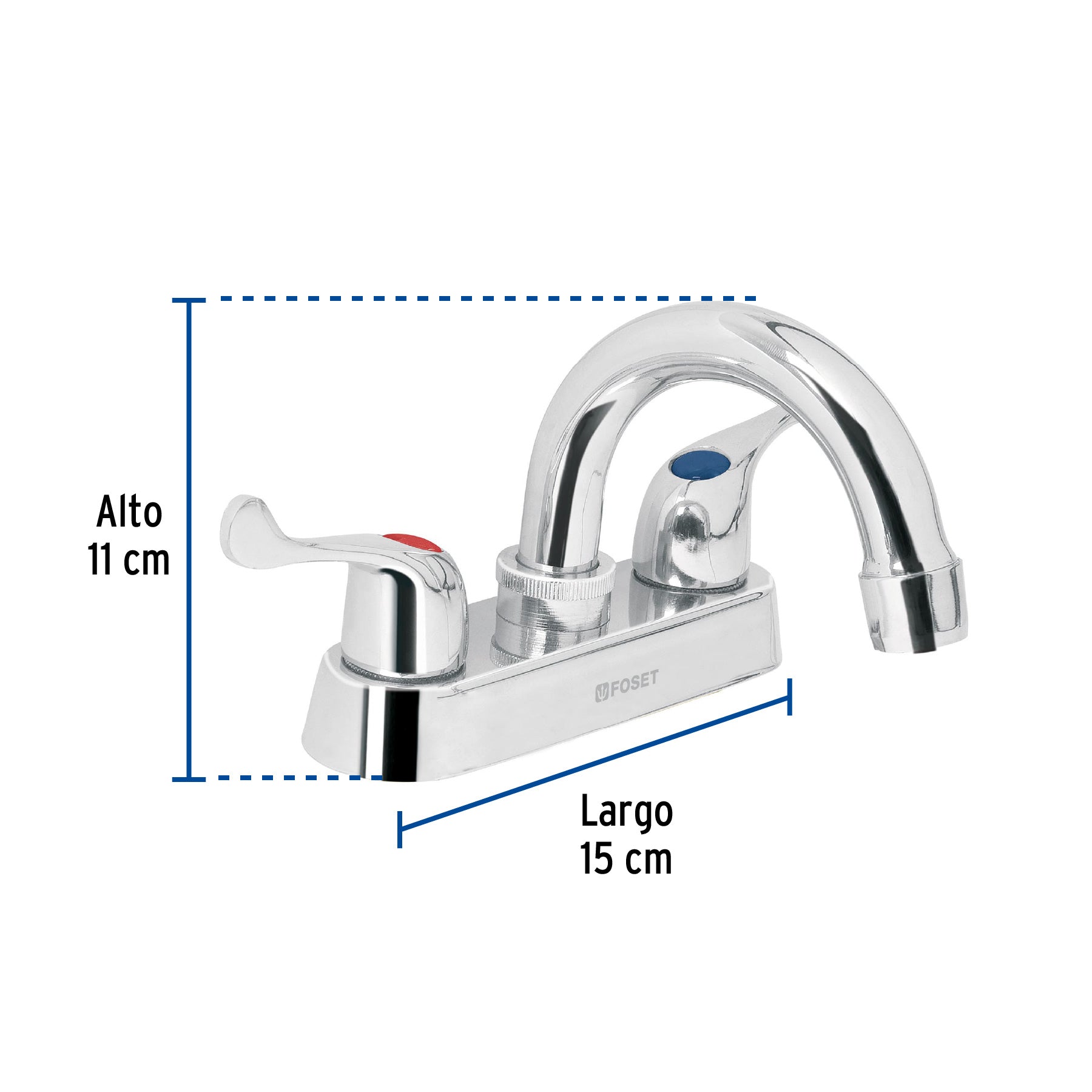 Mezcladora 4" para lavabo, cuello curvo, manerales palanca