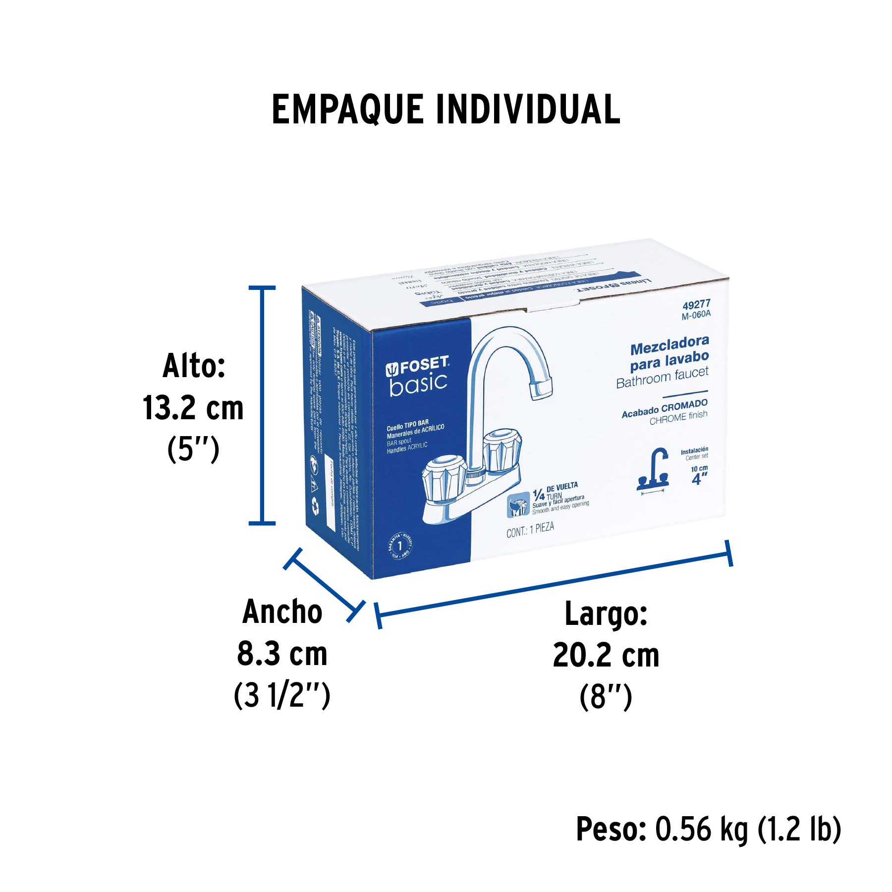 Mezcladora 4" para lavabo, cuello bar, manerales de acrílico - Empaque