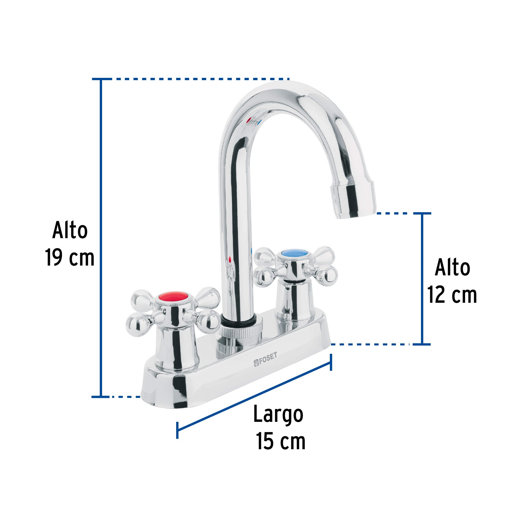 Mezcladora 4" para lavabo, cuello bar, manerales cruceta