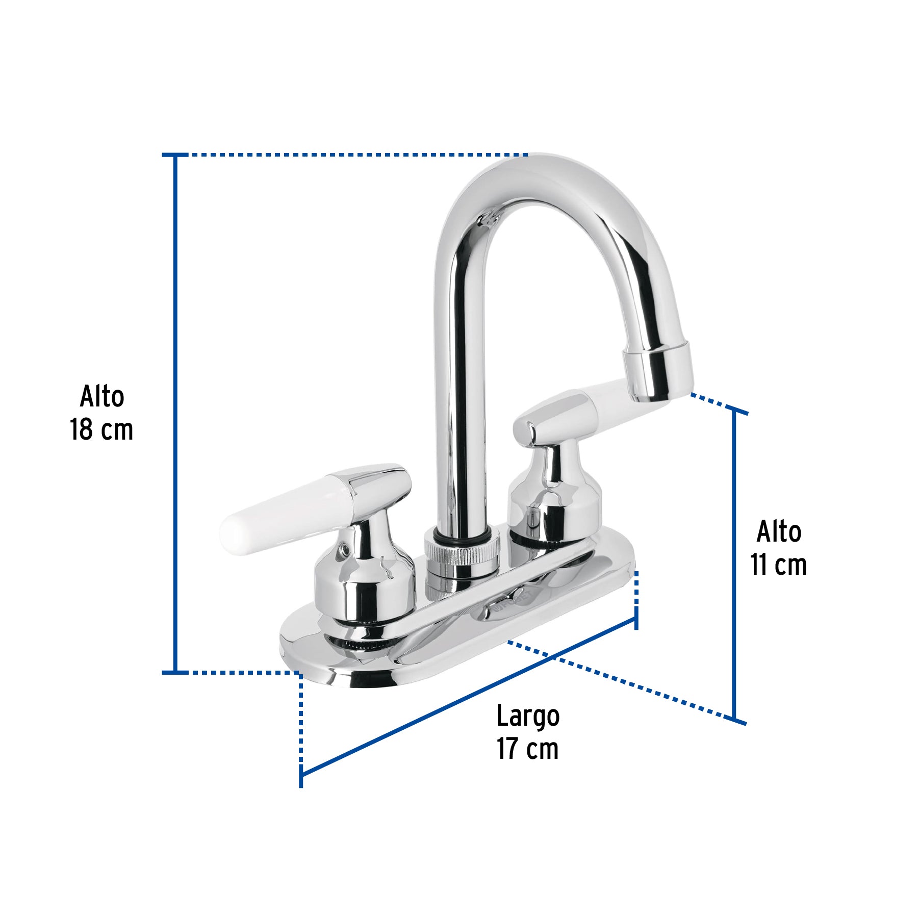 Mezcladora 4" para lavabo, cuello bar, manerales cono