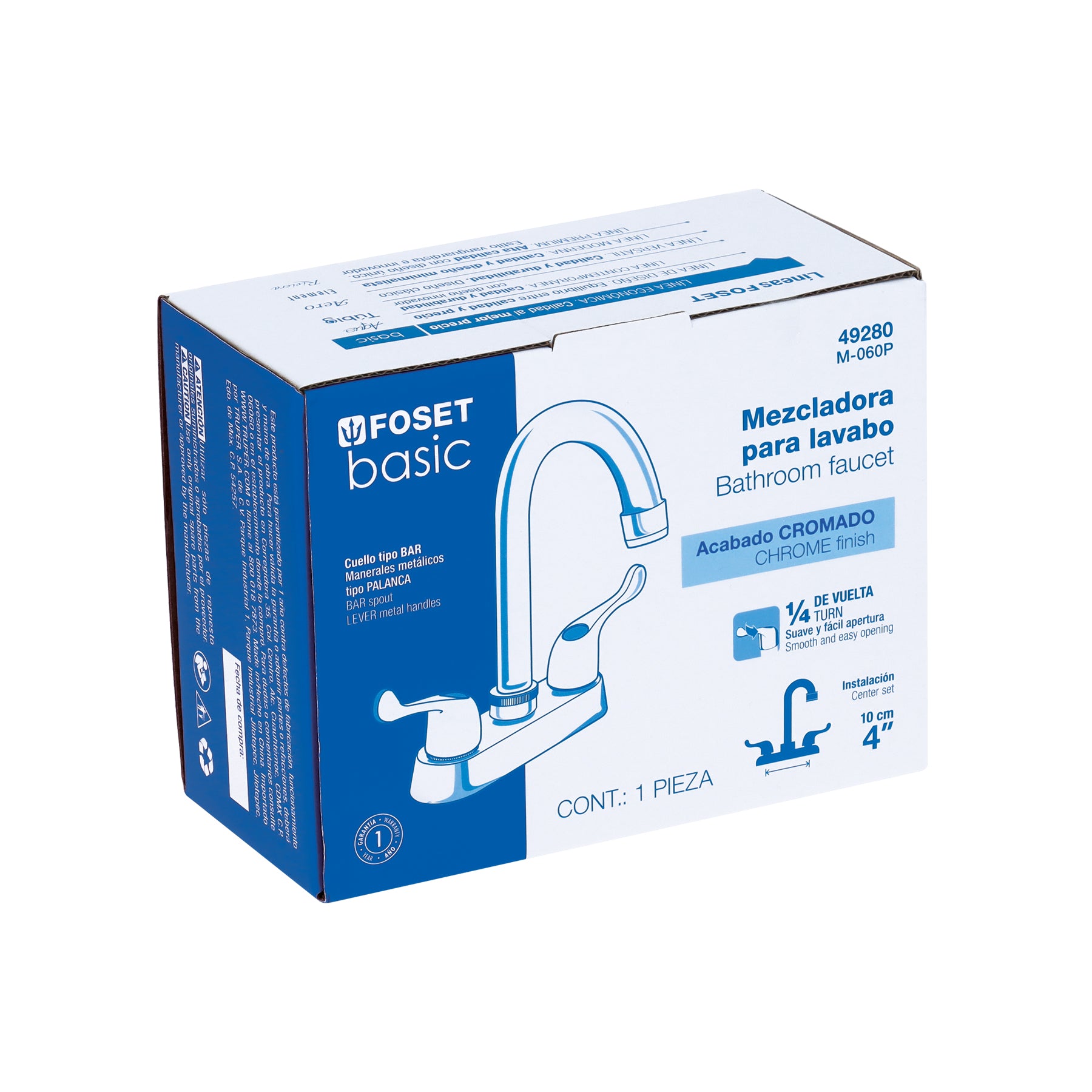 Mezcladora 4" para lavabo, cuello bar, manerales palanca