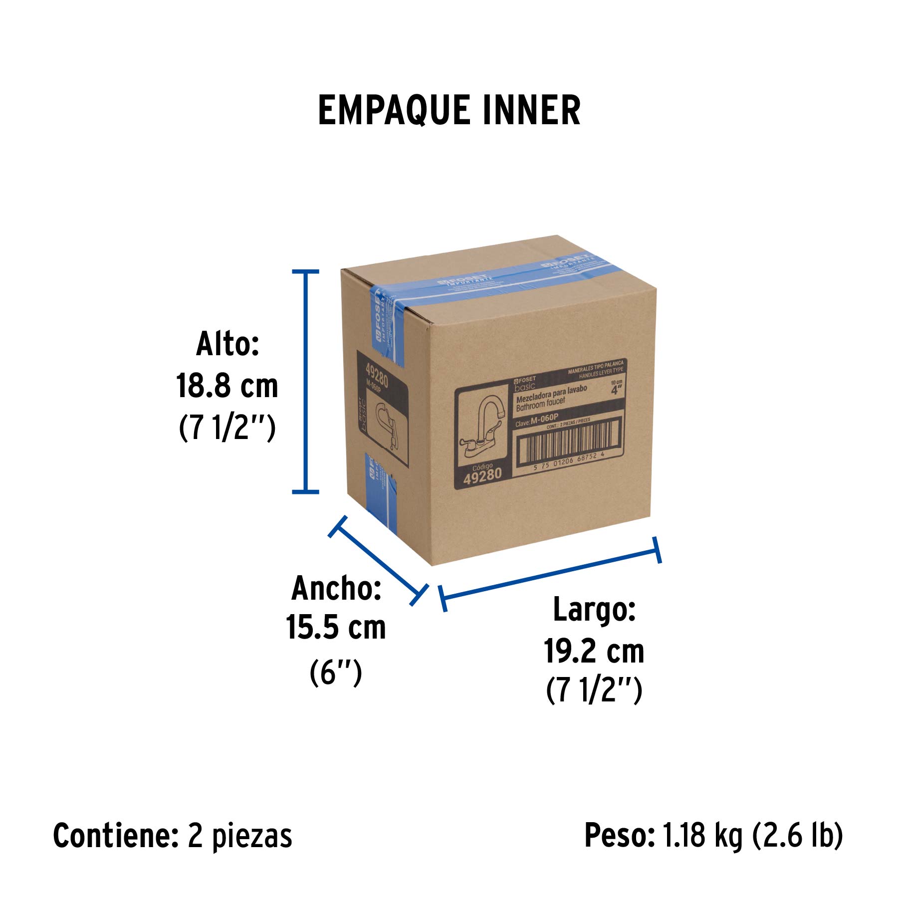 Mezcladora 4" para lavabo, cuello bar, manerales palanca - Empaque