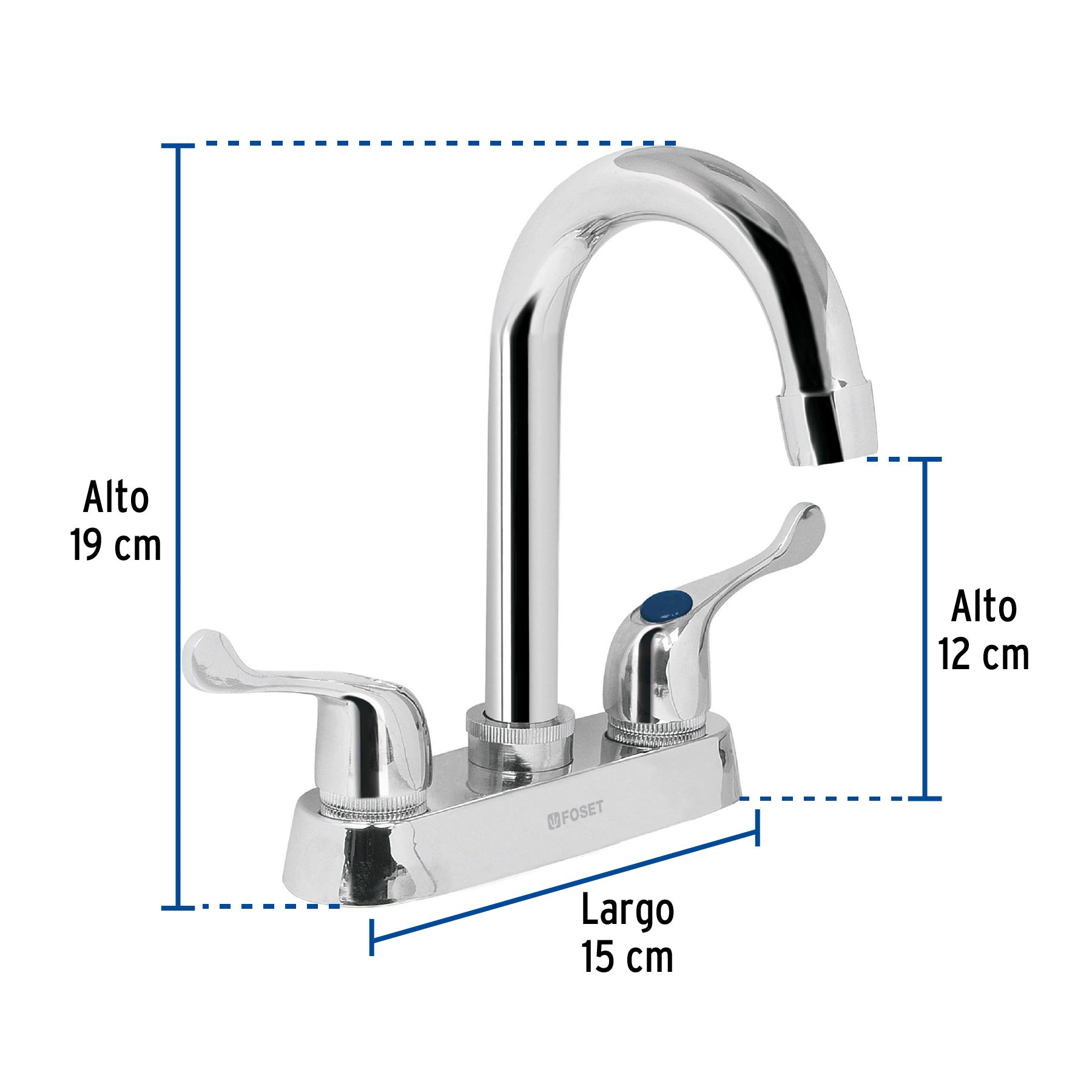 Mezcladora 4" para lavabo, cuello bar, manerales palanca