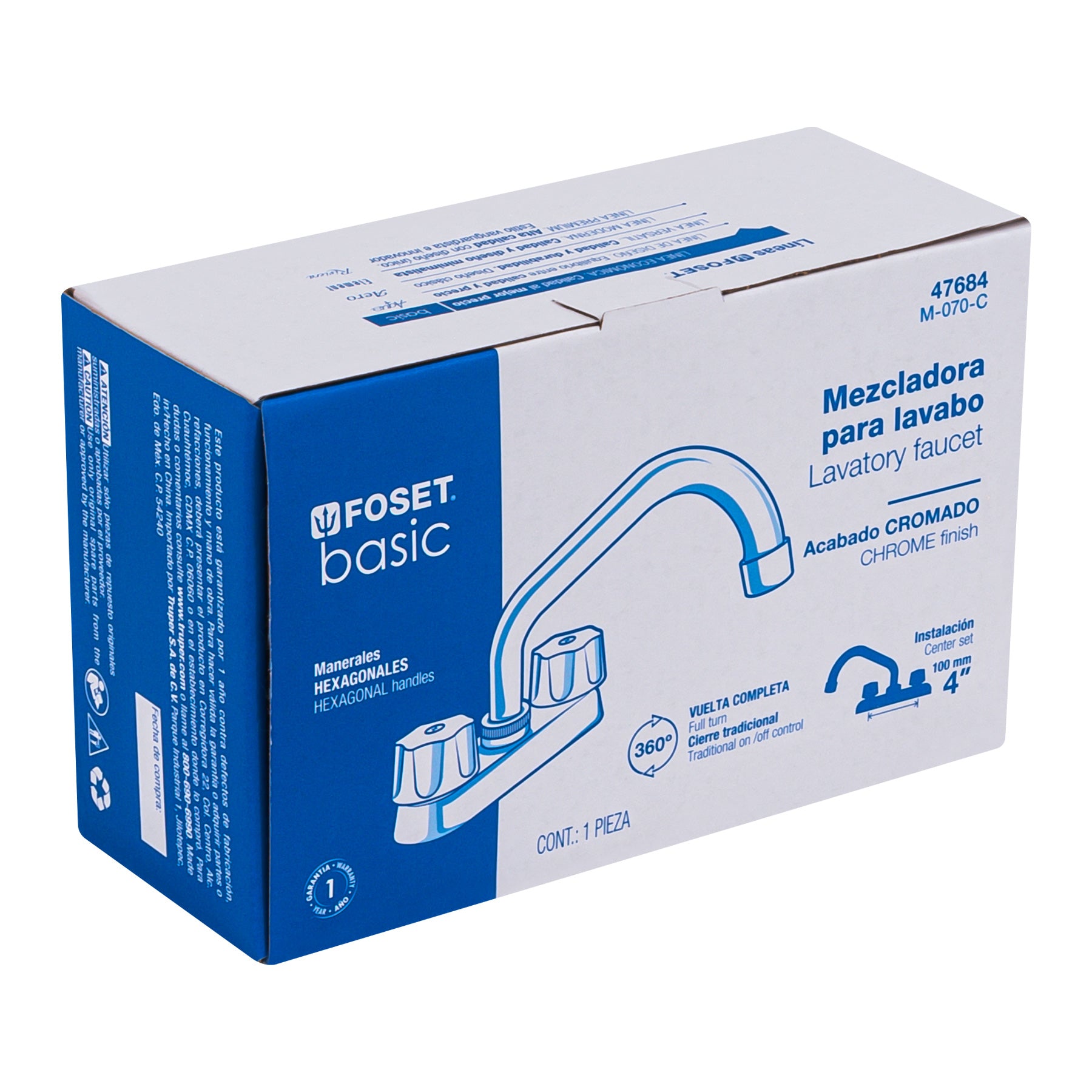 Mezcladora 4" para lavabo, tubular, cartucho compresión