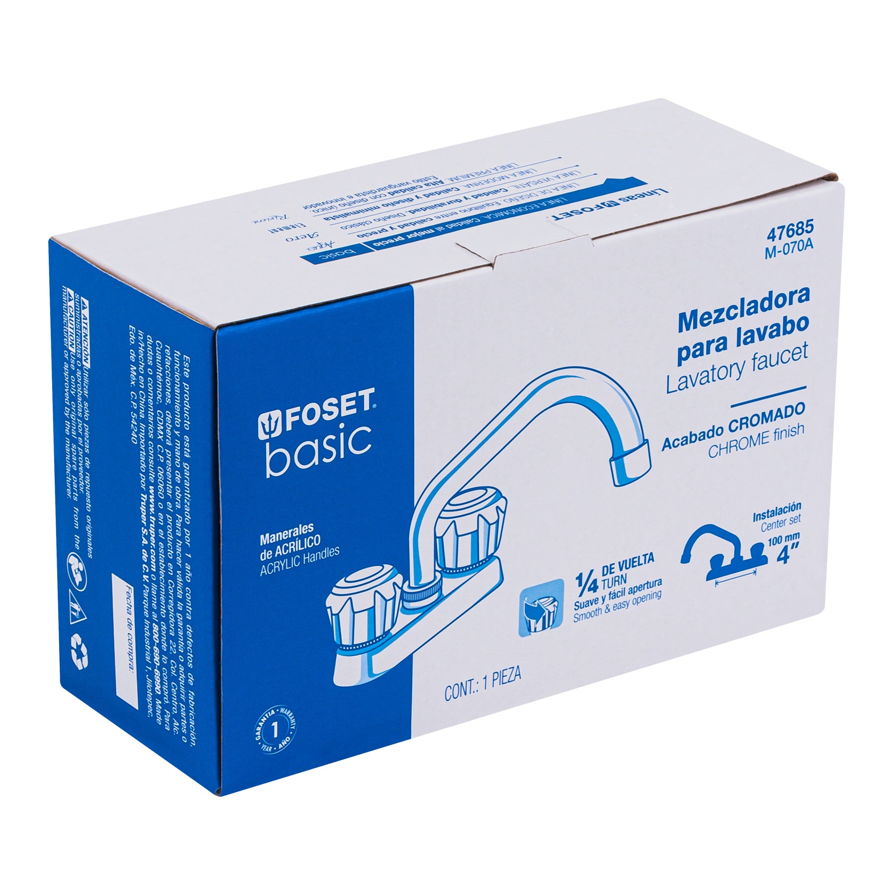 Mezcladora 4" para lavabo, tubular, manerales de acrílico