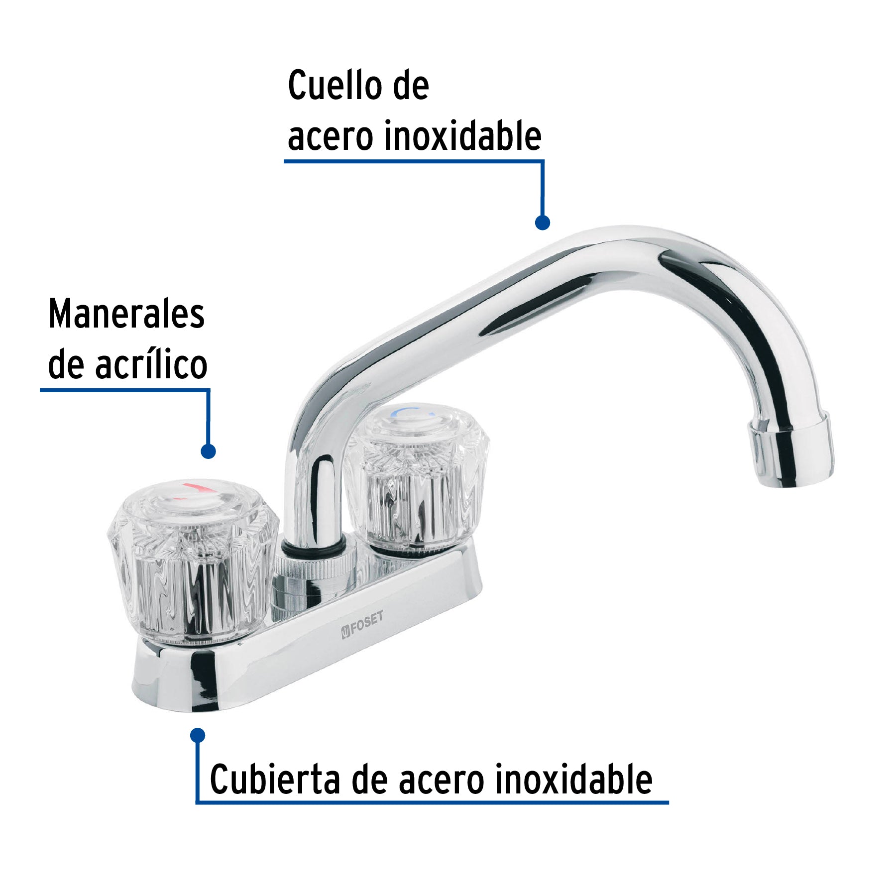 Mezcladora 4" para lavabo, tubular, manerales de acrílico