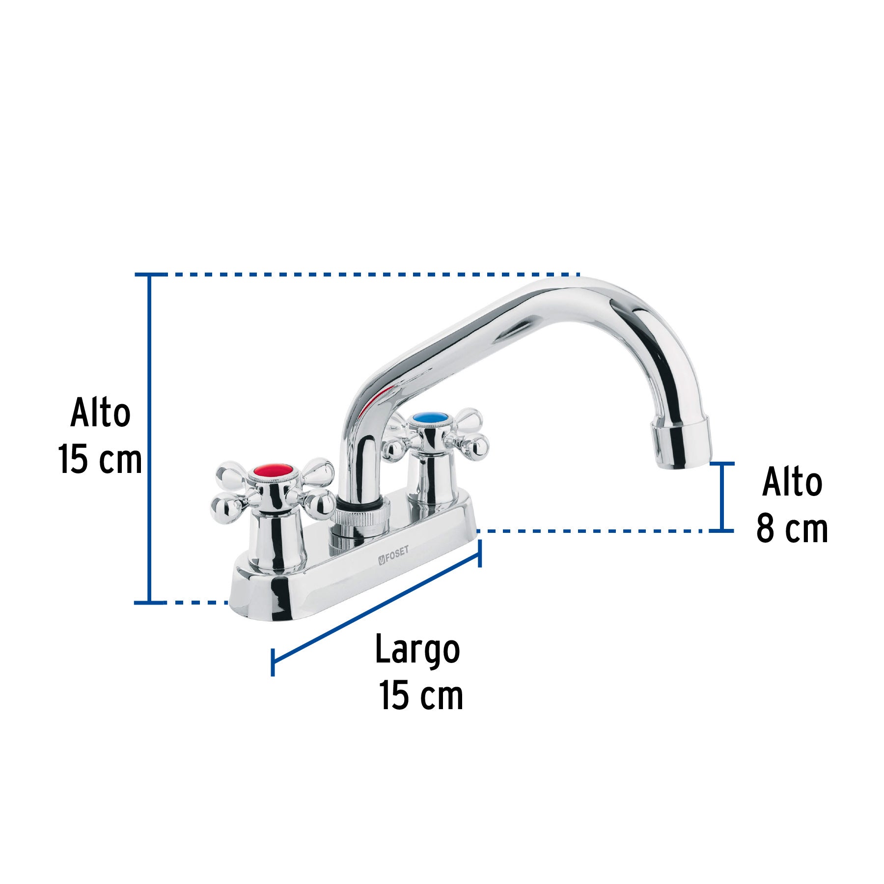 Mezcladora 4" para lavabo, cuello tubular, manerales cruceta