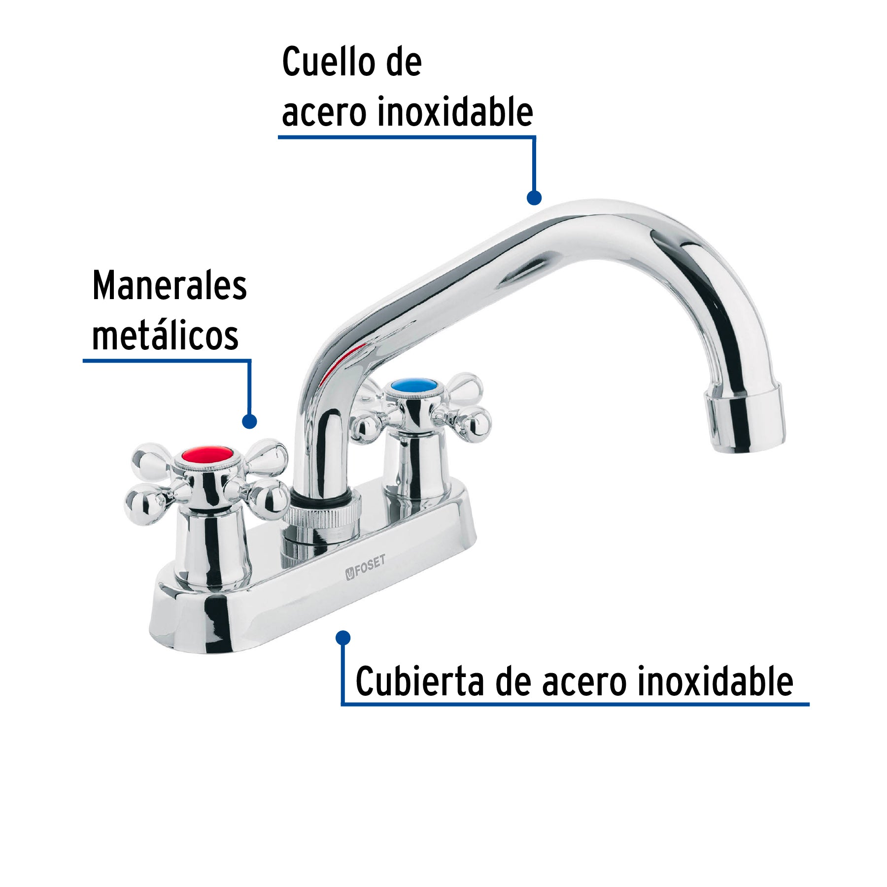 Mezcladora 4" para lavabo, cuello tubular, manerales cruceta