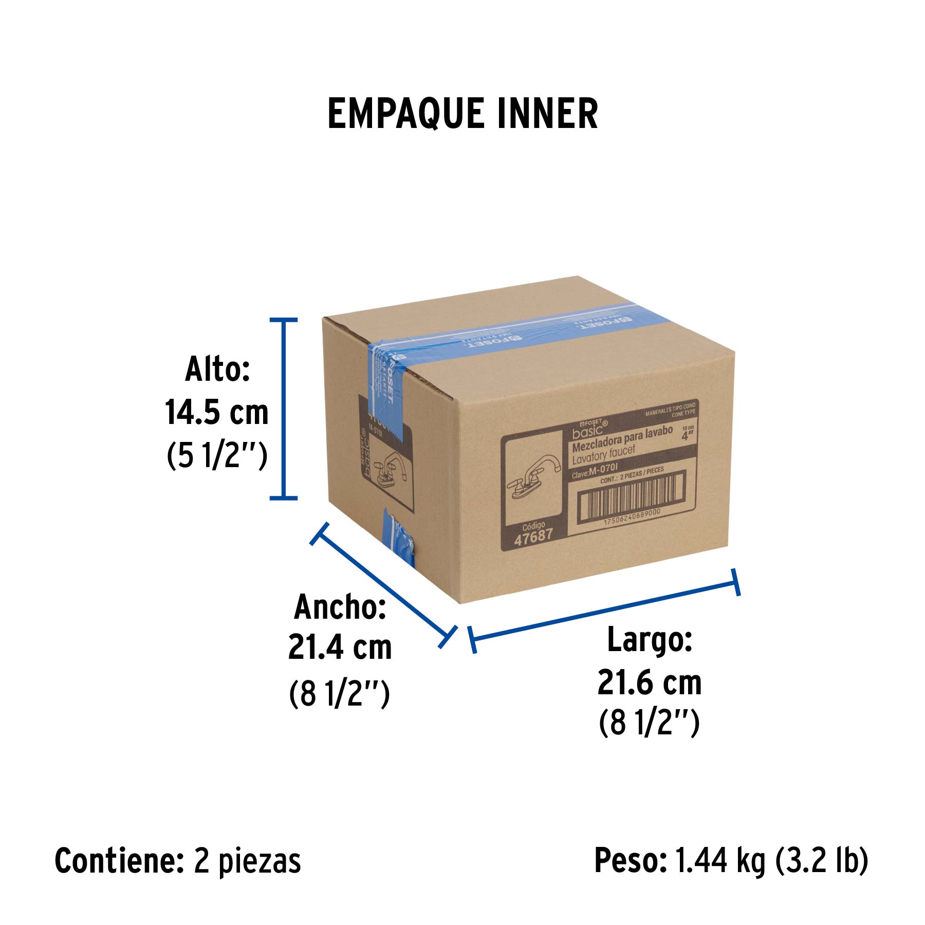 Mezcladora 4" para lavabo, cuello tubular, manerales cono - Empaque