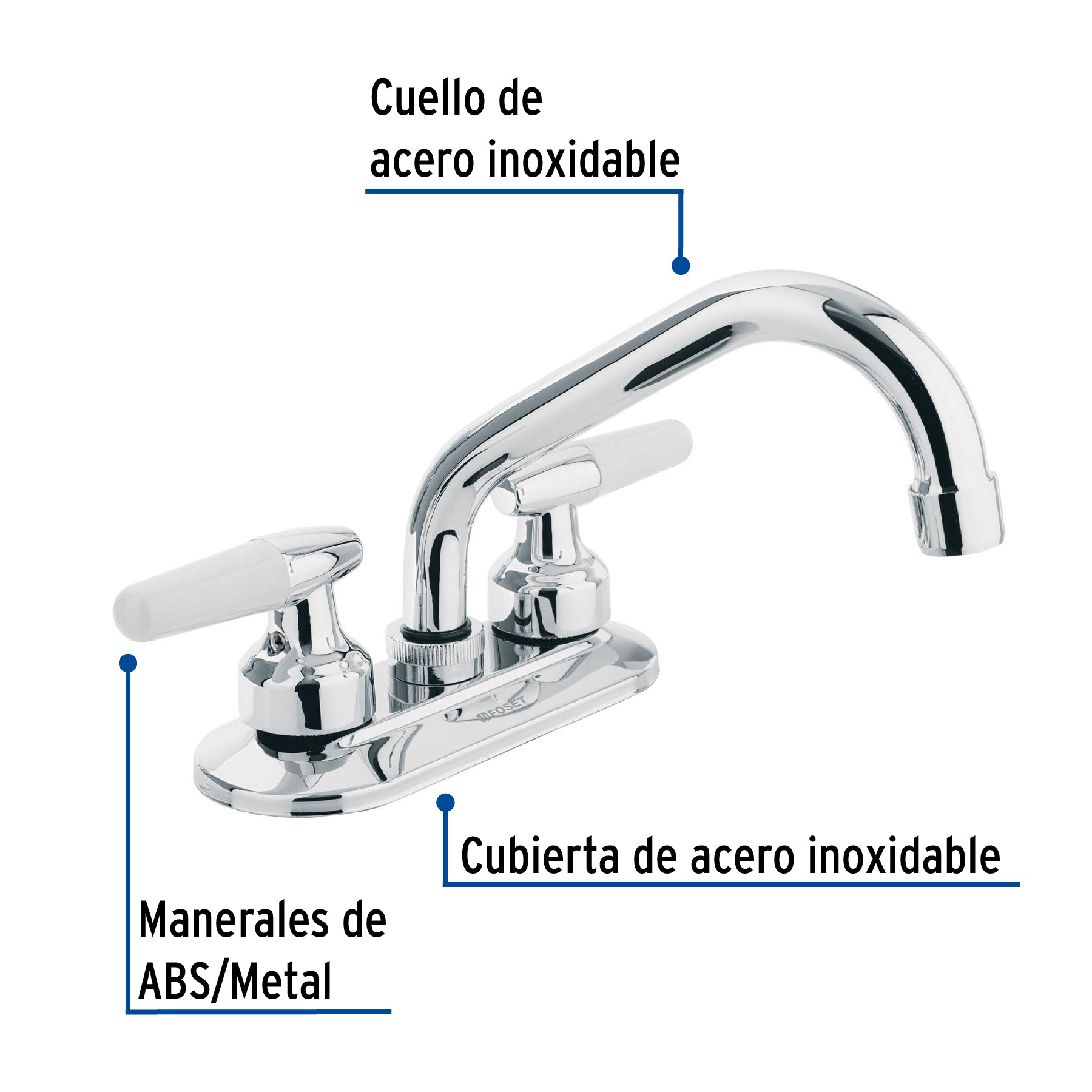 Mezcladora 4" para lavabo, cuello tubular, manerales cono