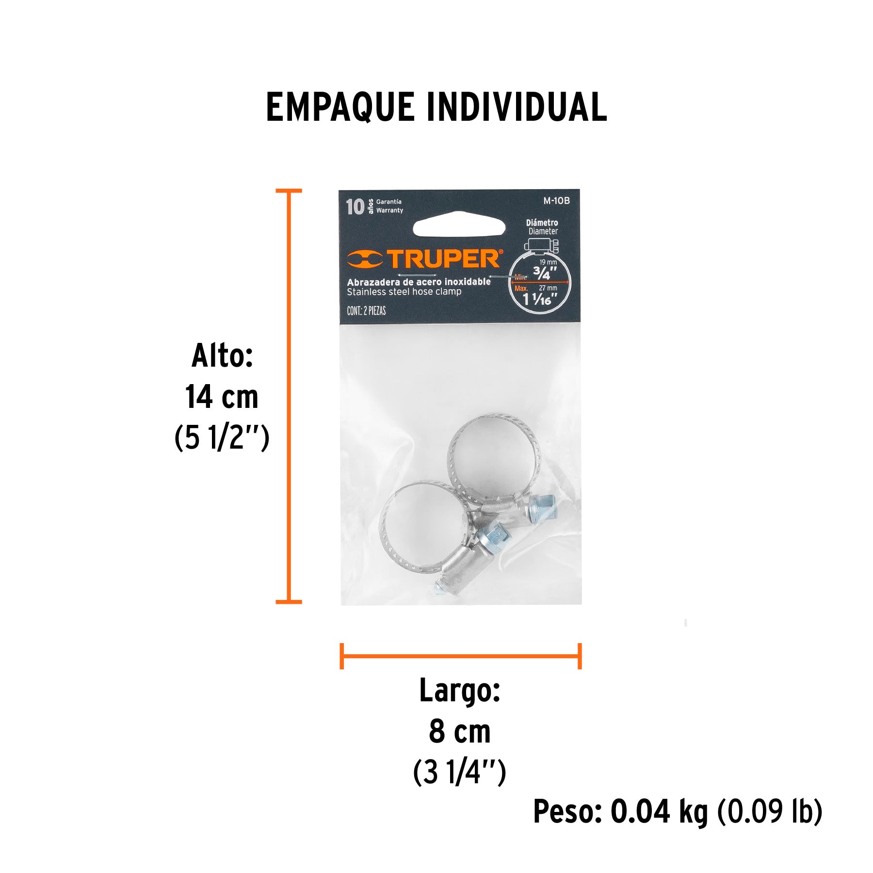 Bolsa c/2 abrazaderas sin fin 10, 3/4 - 1-1/16", TRUPER - Empaque