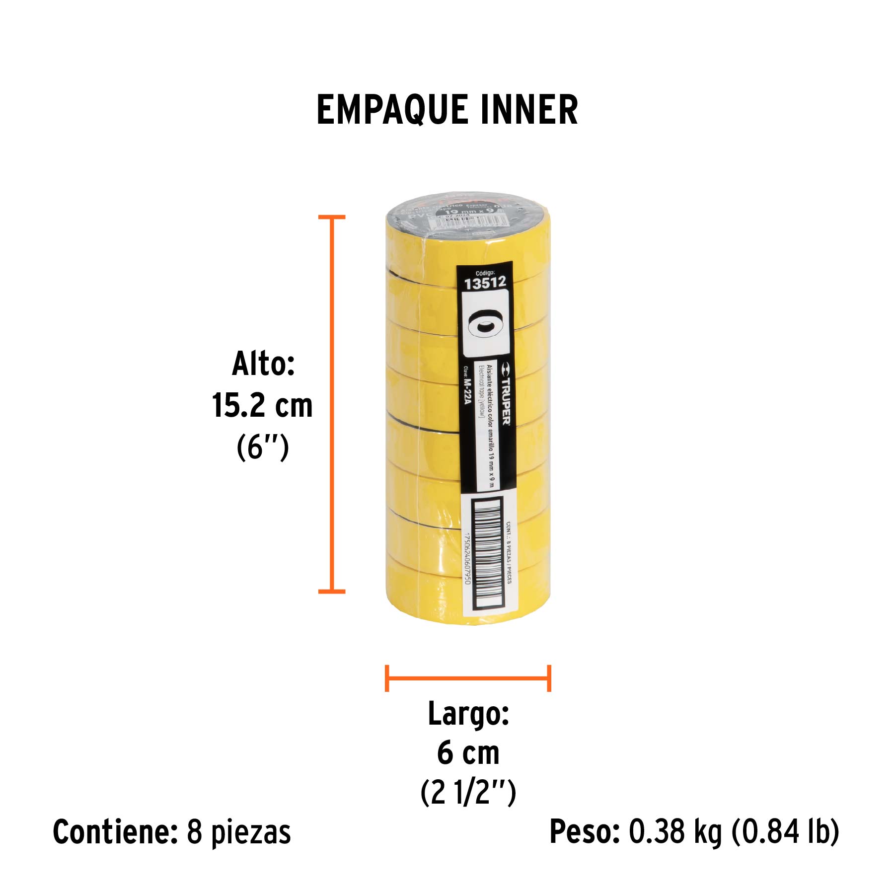 Cinta de aislar de 9 m x 19 mm, amarilla, TRUPER - Empaque