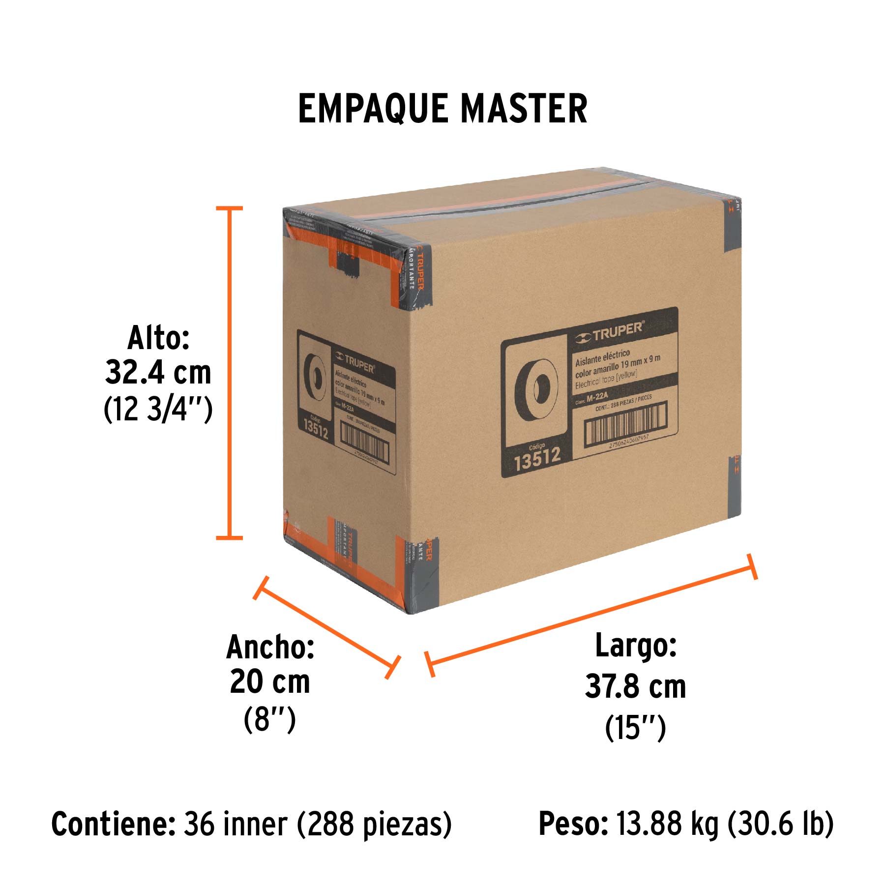 Cinta de aislar de 9 m x 19 mm, amarilla, TRUPER - Empaque