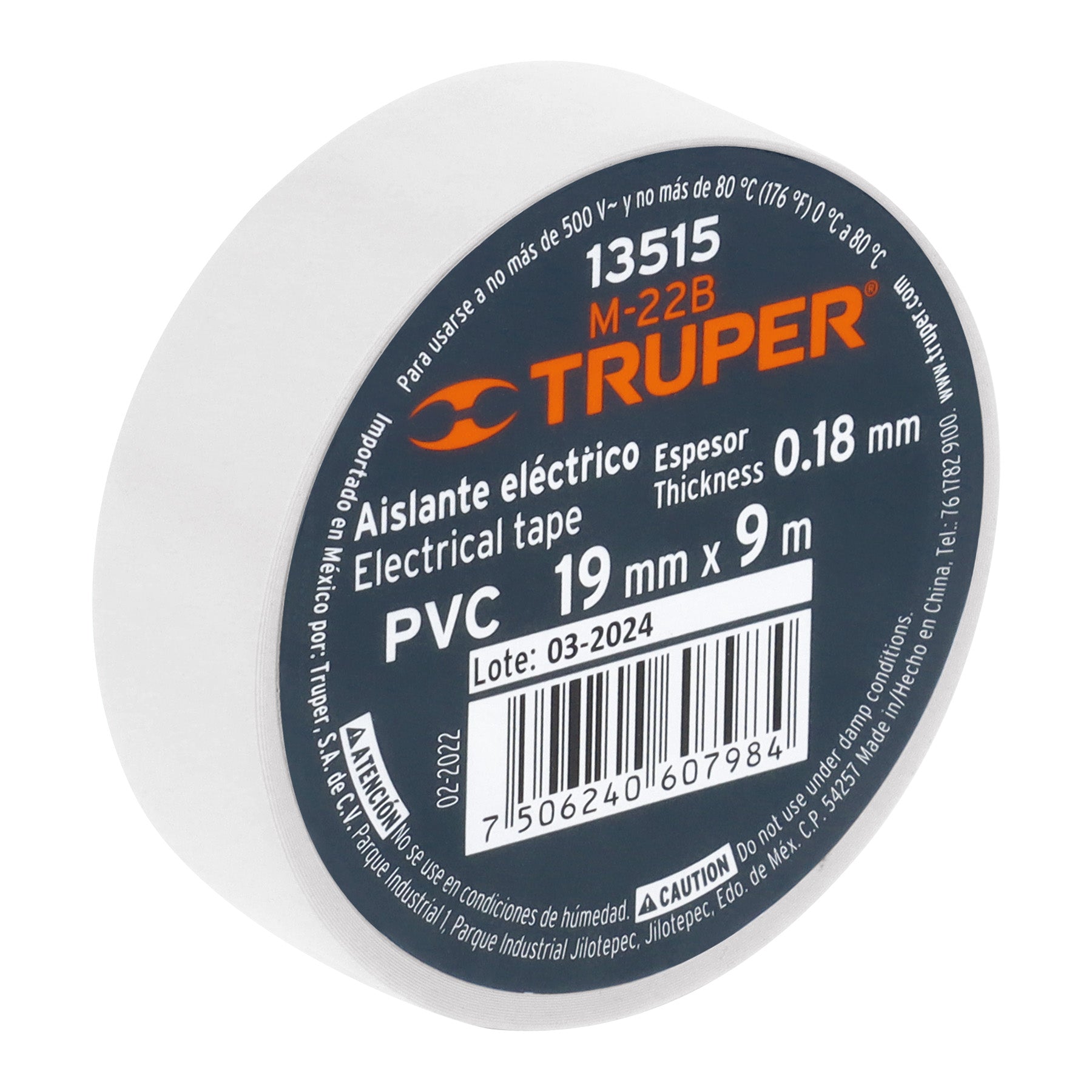 Cinta de aislar de 9 m x 19 mm, blanca, TRUPER