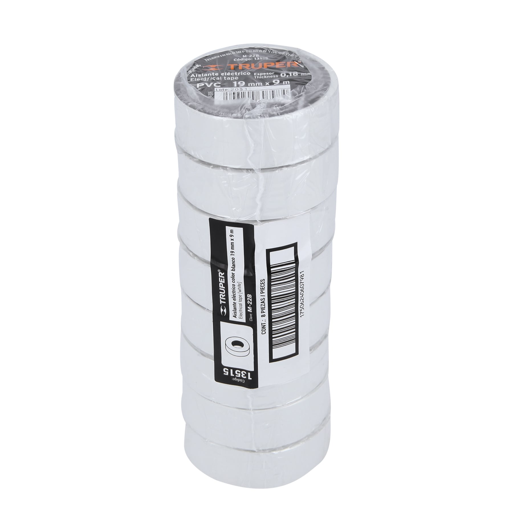 Cinta de aislar de 9 m x 19 mm, blanca, TRUPER