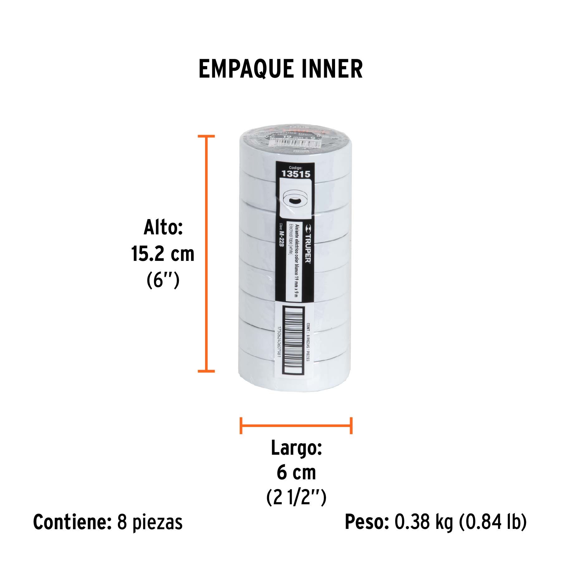 Cinta de aislar de 9 m x 19 mm, blanca, TRUPER - Empaque