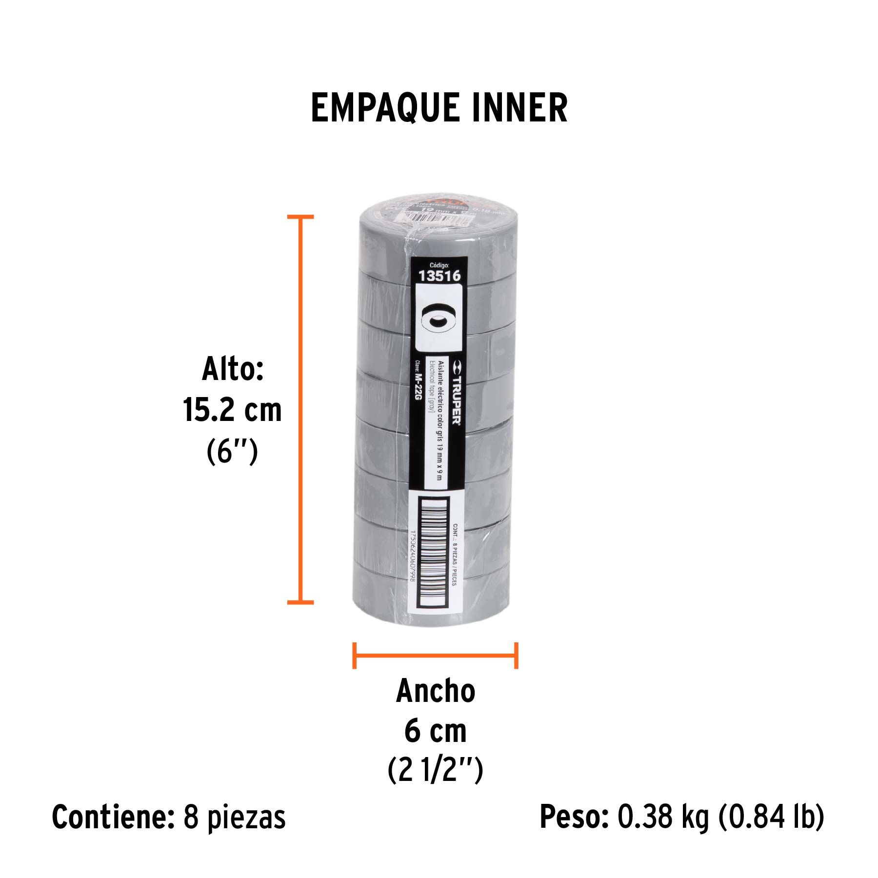 Cinta de aislar de 9 m x 19 mm, gris, TRUPER - Empaque
