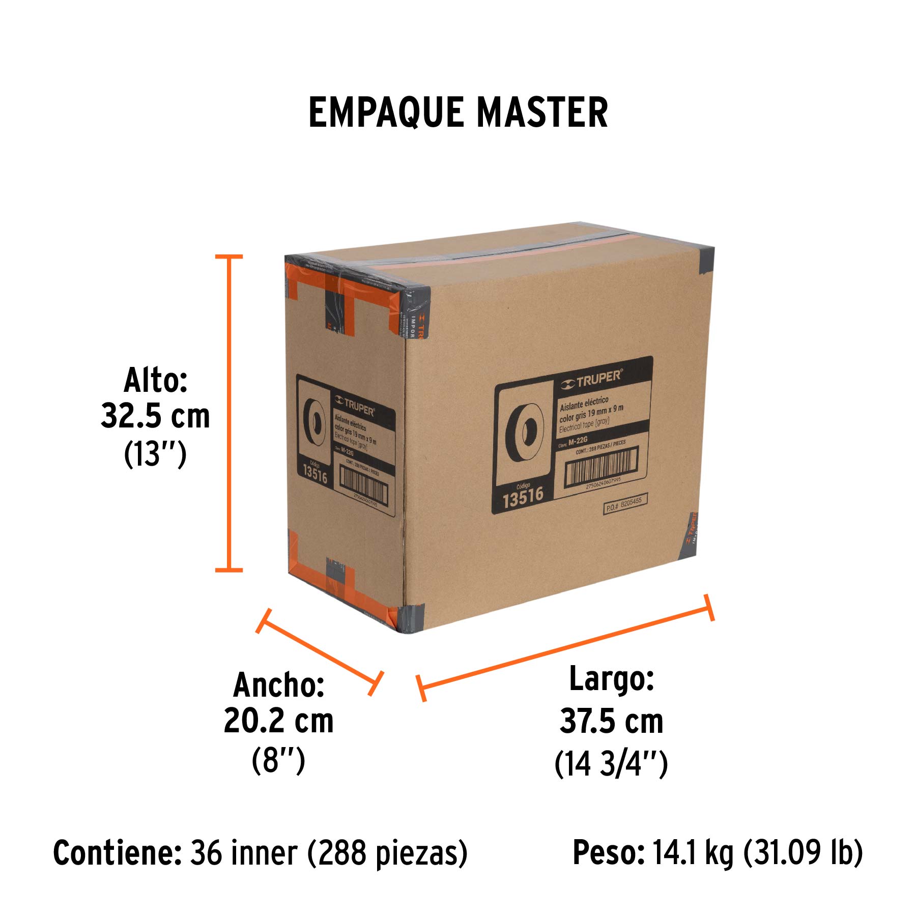 Cinta de aislar de 9 m x 19 mm, gris, TRUPER - Empaque