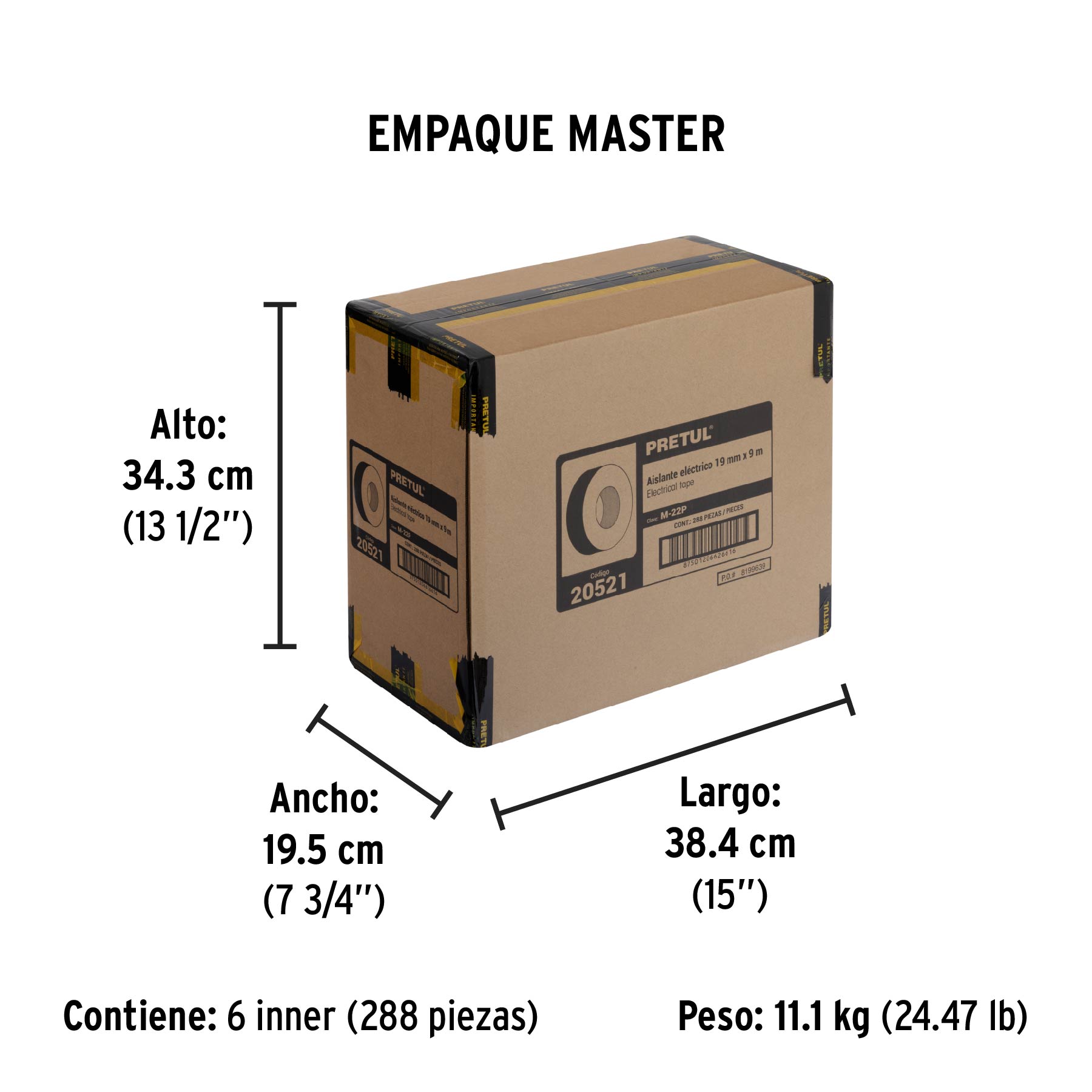 Cinta de aislar de 9 m x 19 mm, negra, PRETUL - Empaque