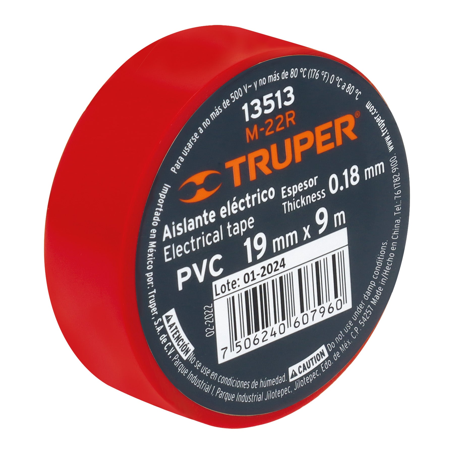 Cinta de aislar de 9 m x 19 mm, roja, TRUPER