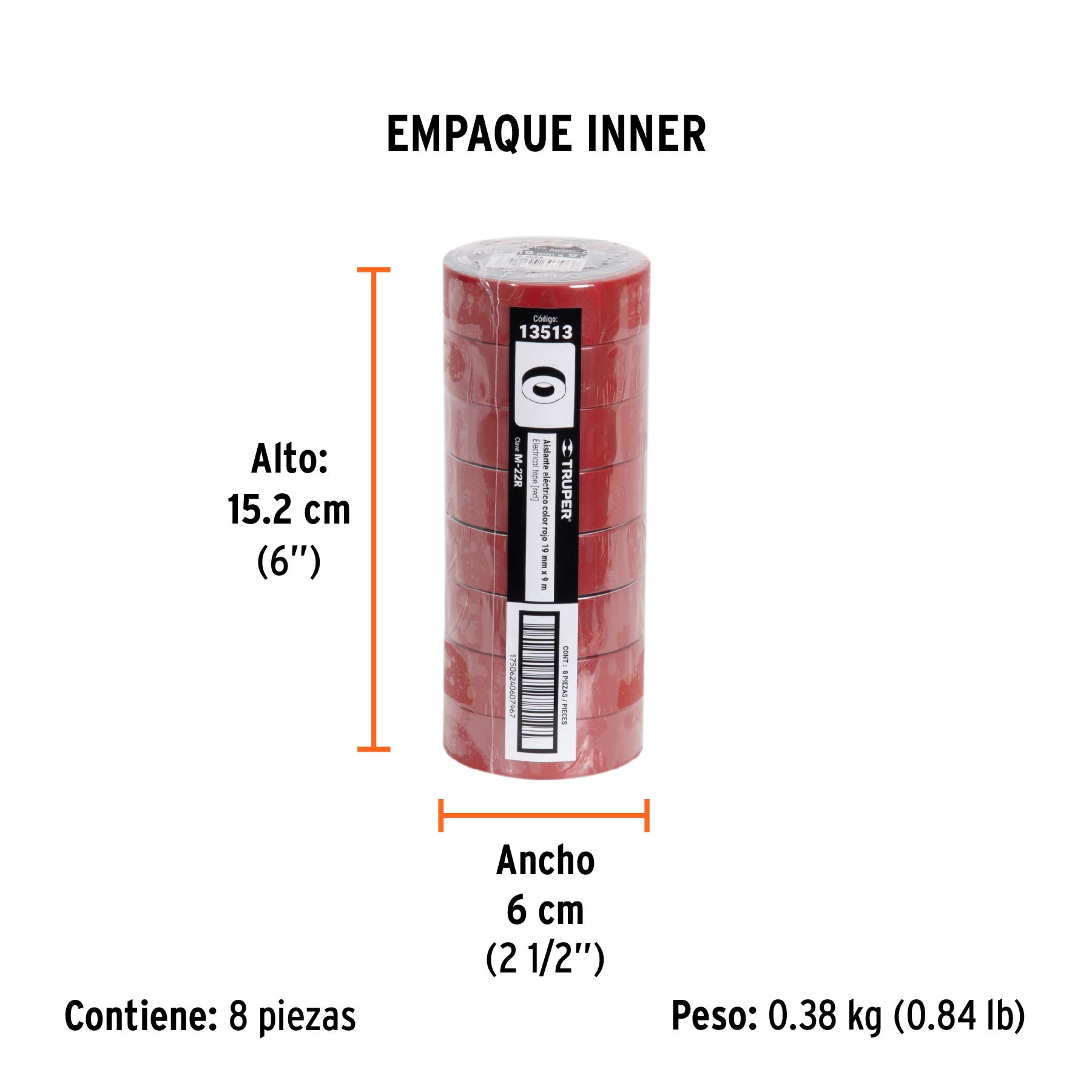 Cinta de aislar de 9 m x 19 mm, roja, TRUPER - Empaque