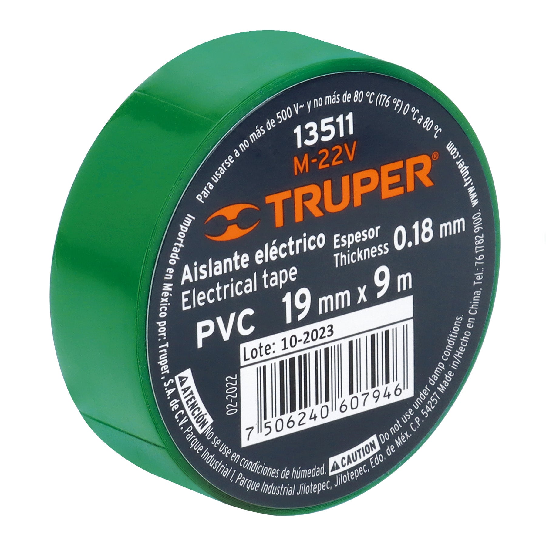 Cinta de aislar de 9 m x 19 mm, verde, TRUPER