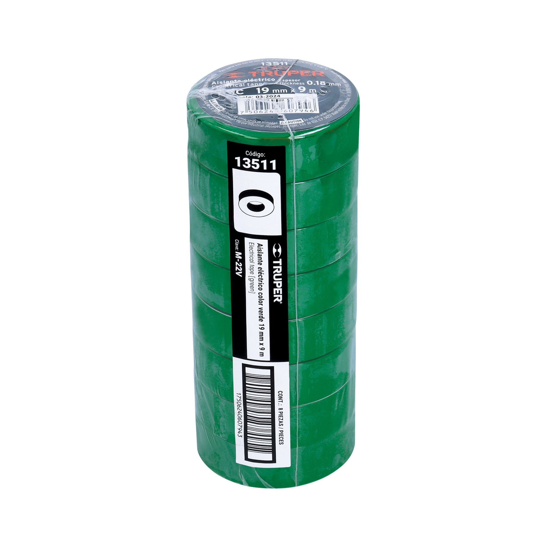 Cinta de aislar de 9 m x 19 mm, verde, TRUPER