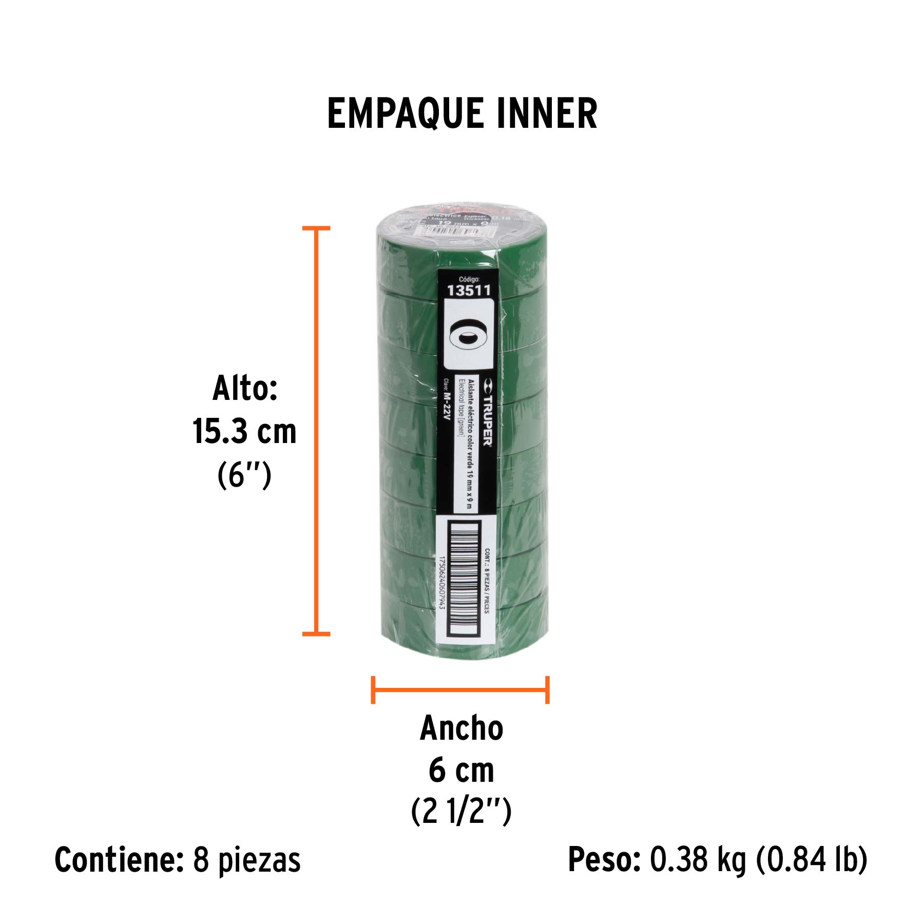 Cinta de aislar de 9 m x 19 mm, verde, TRUPER - Empaque