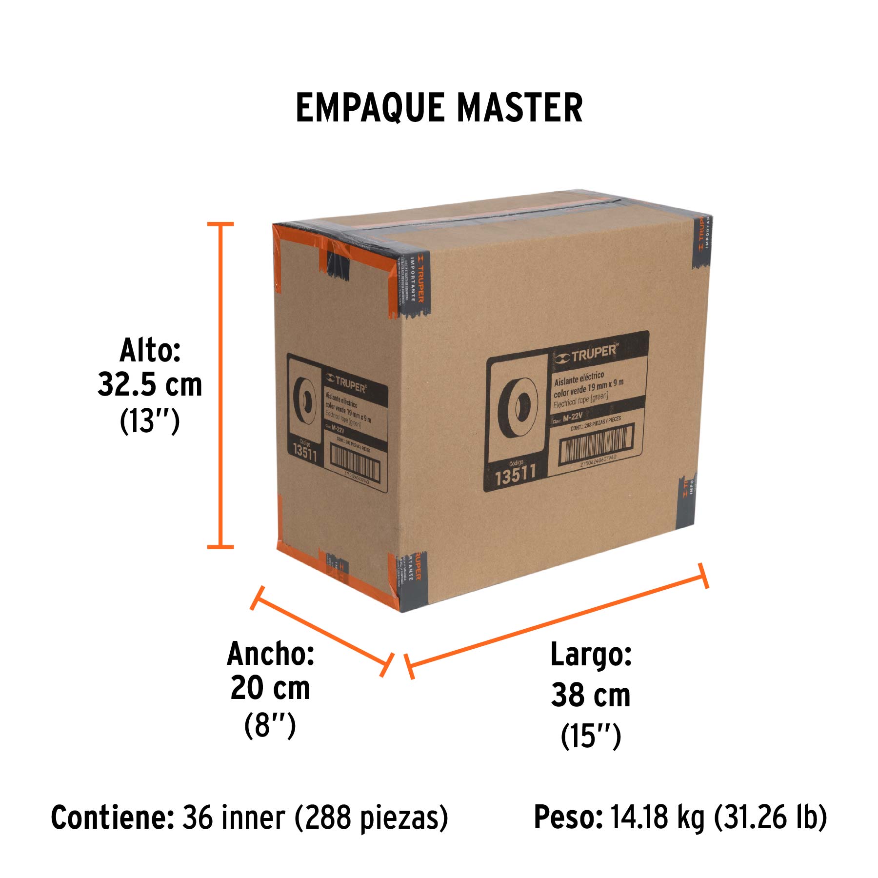 Cinta de aislar de 9 m x 19 mm, verde, TRUPER - Empaque
