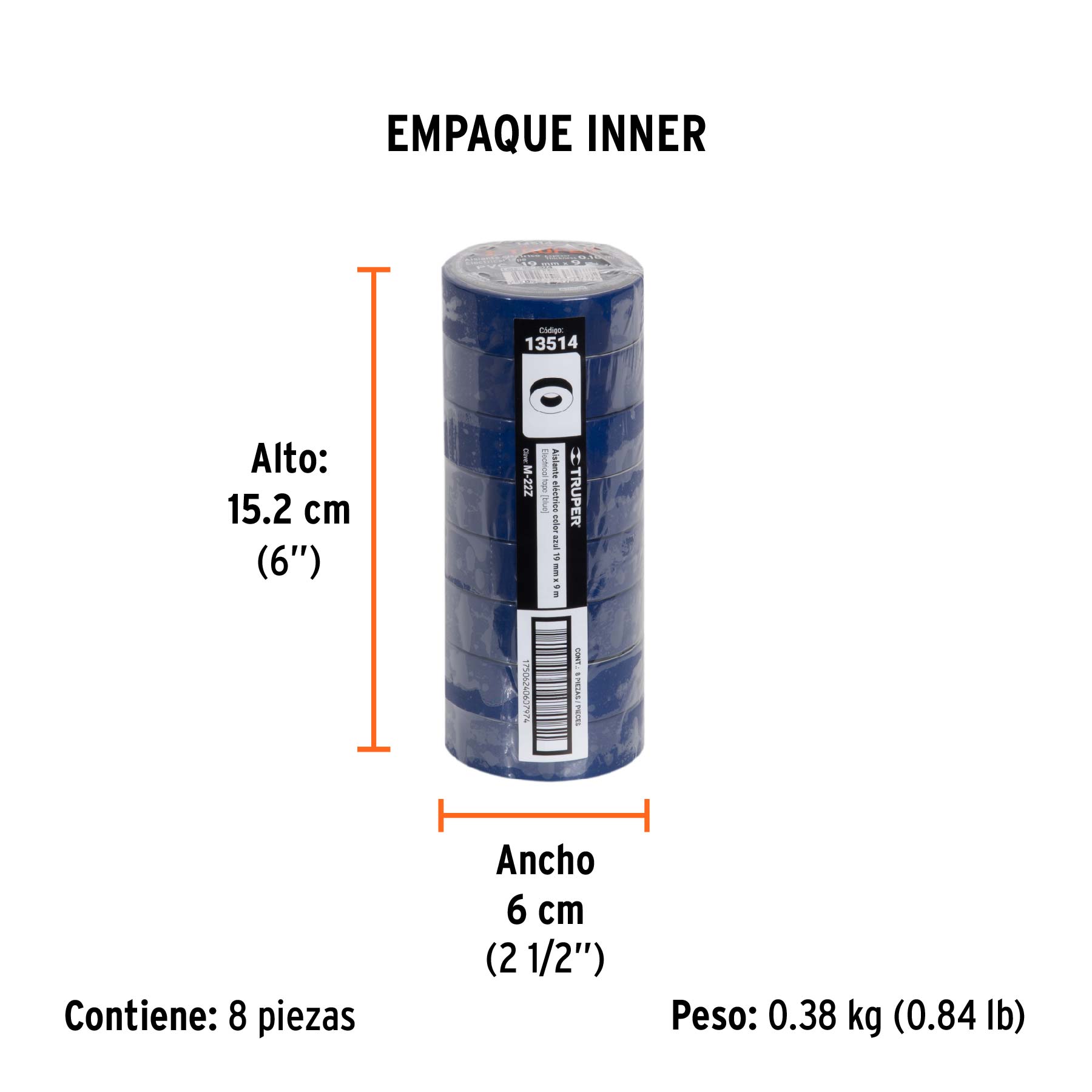 Cinta de aislar de 9 m x 19 mm, azul, TRUPER - Empaque