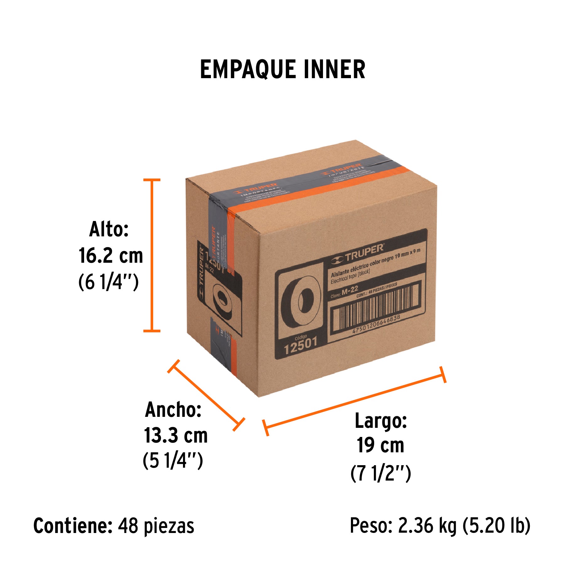 Cinta de aislar de 9 m x 19 mm, negra, TRUPER - Empaque