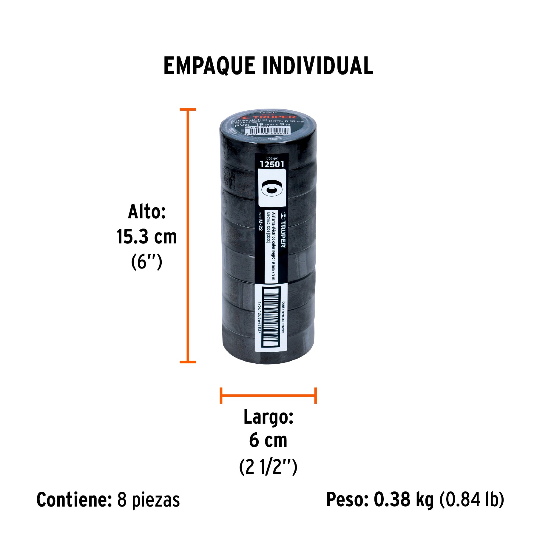 Cinta de aislar de 9 m x 19 mm, negra, TRUPER - Empaque