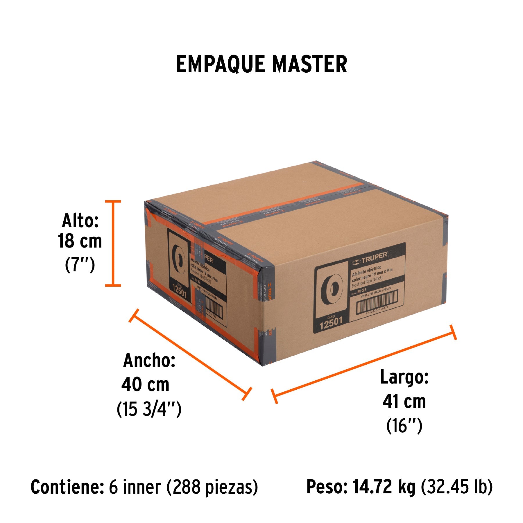 Cinta de aislar de 9 m x 19 mm, negra, TRUPER - Empaque