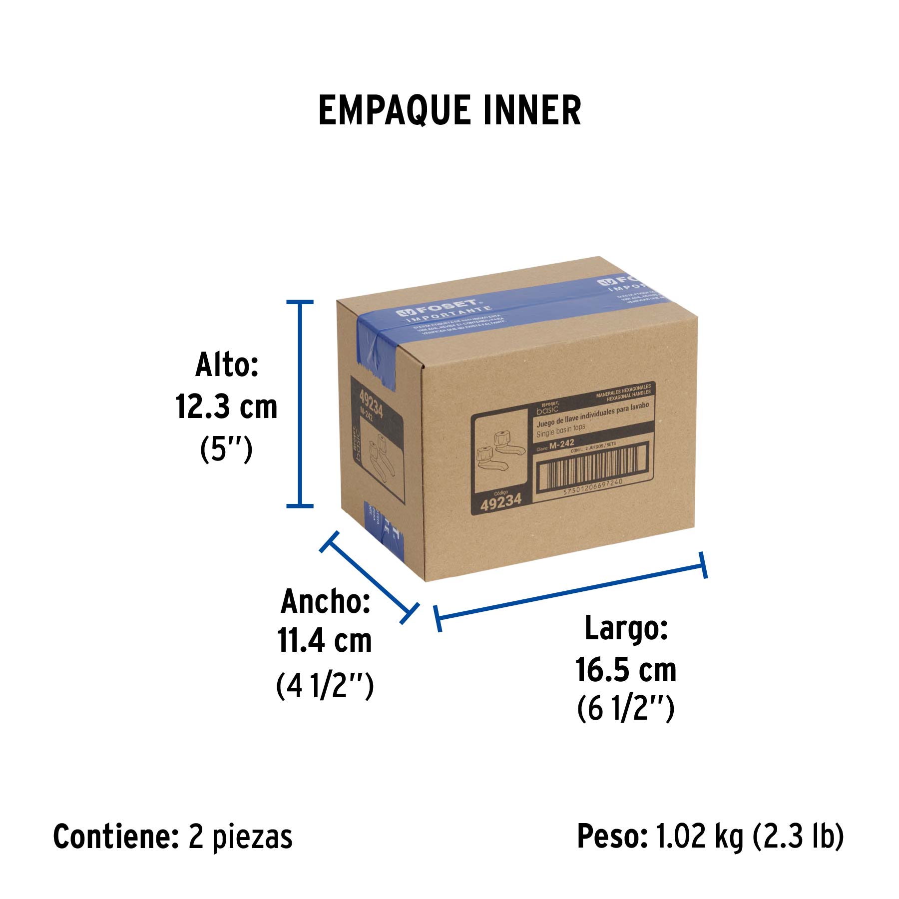 Juego 2 llaves individuales para lavabo, manerales metálicos - Empaque