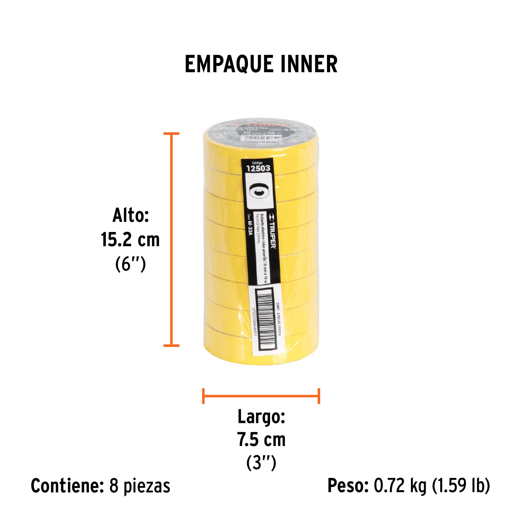 Cinta de aislar de 18 m x 19 mm, amarilla, TRUPER - Empaque