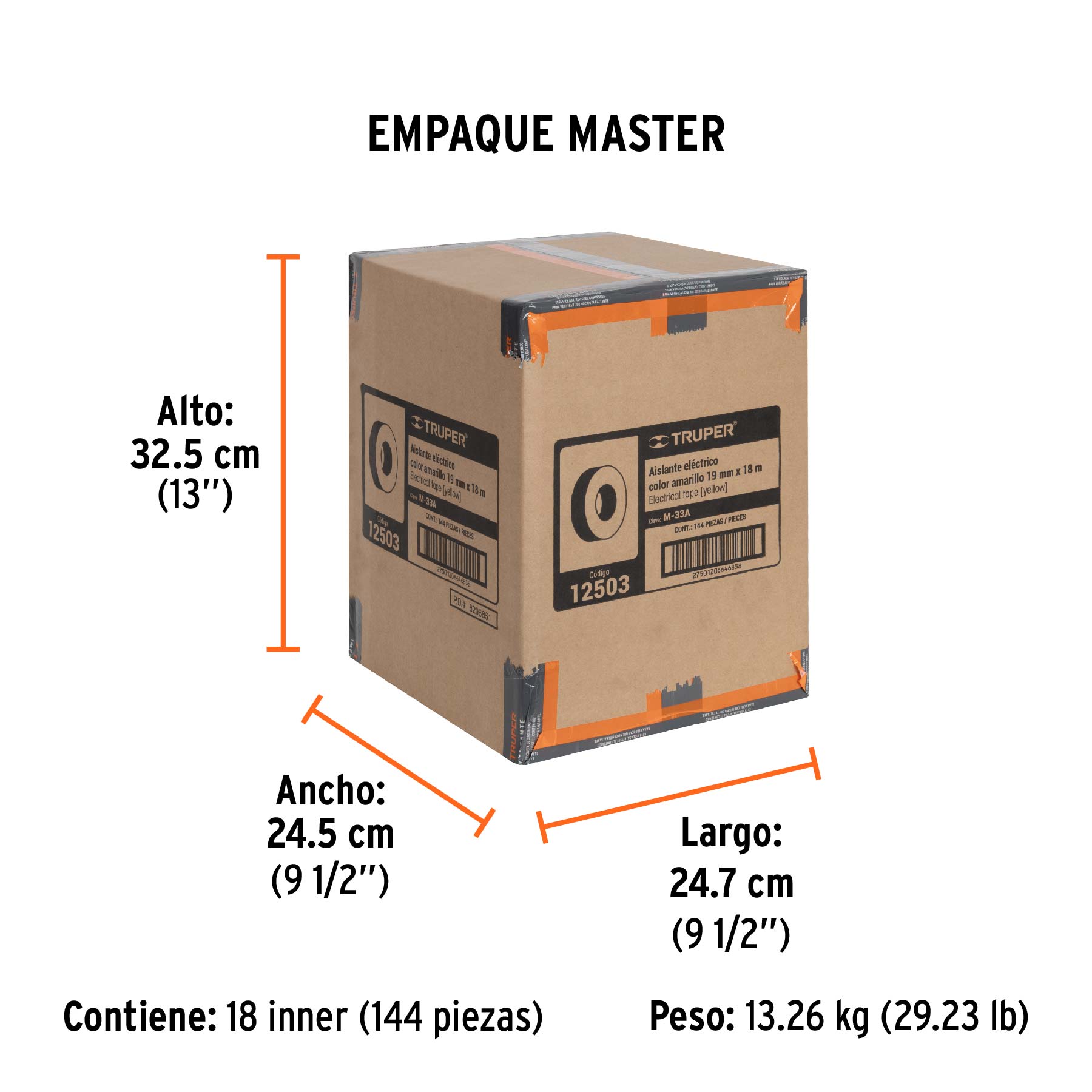 Cinta de aislar de 18 m x 19 mm, amarilla, TRUPER - Empaque