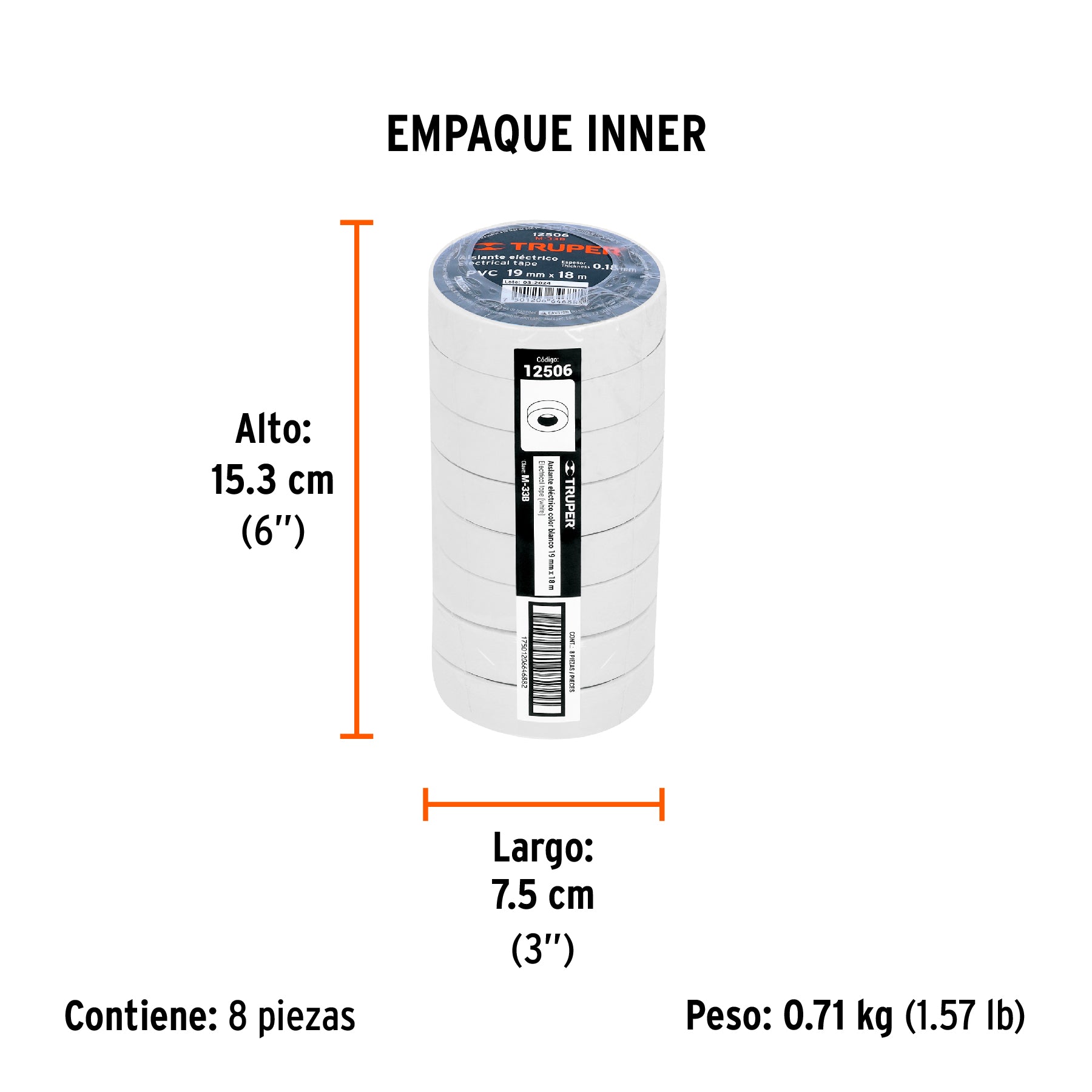 Cinta de aislar de 18 m x 19 mm, blanca, TRUPER - Empaque