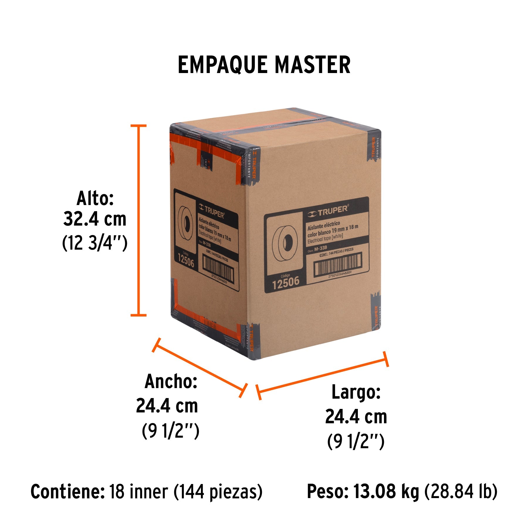 Cinta de aislar de 18 m x 19 mm, blanca, TRUPER - Empaque