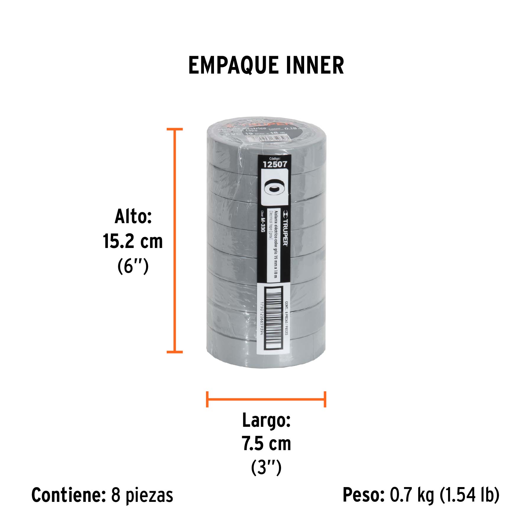 Cinta de aislar de 18 m x 19 mm, gris, TRUPER - Empaque
