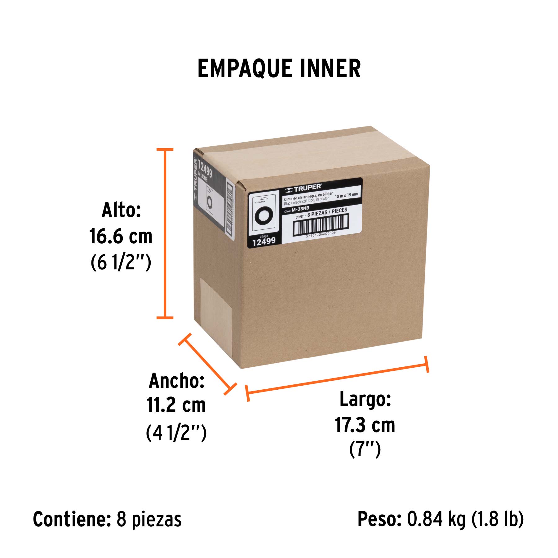 Cinta de aislar de 18 m x 19 mm, negra en blíster, TRUPER - Empaque