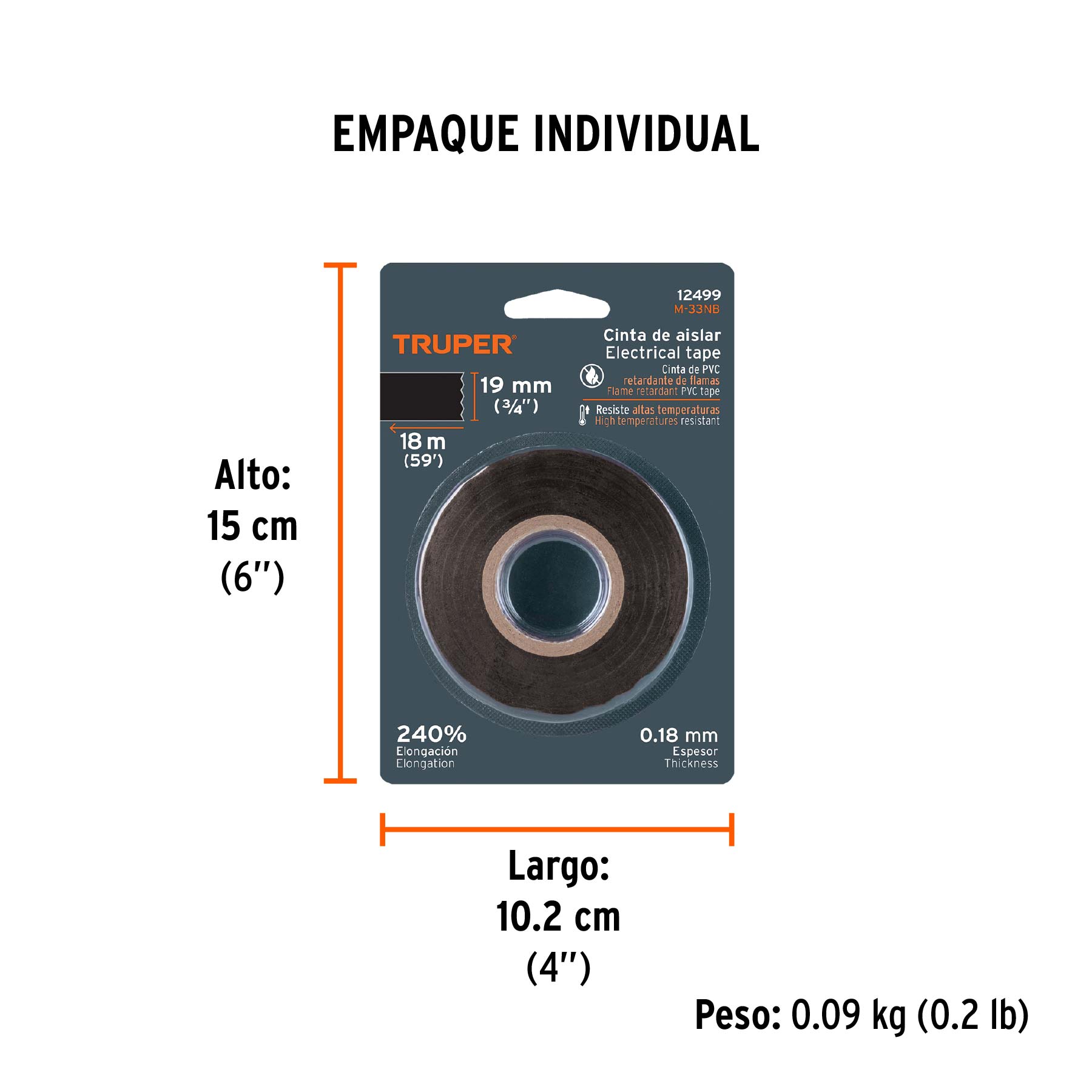 Cinta de aislar de 18 m x 19 mm, negra en blíster, TRUPER - Empaque