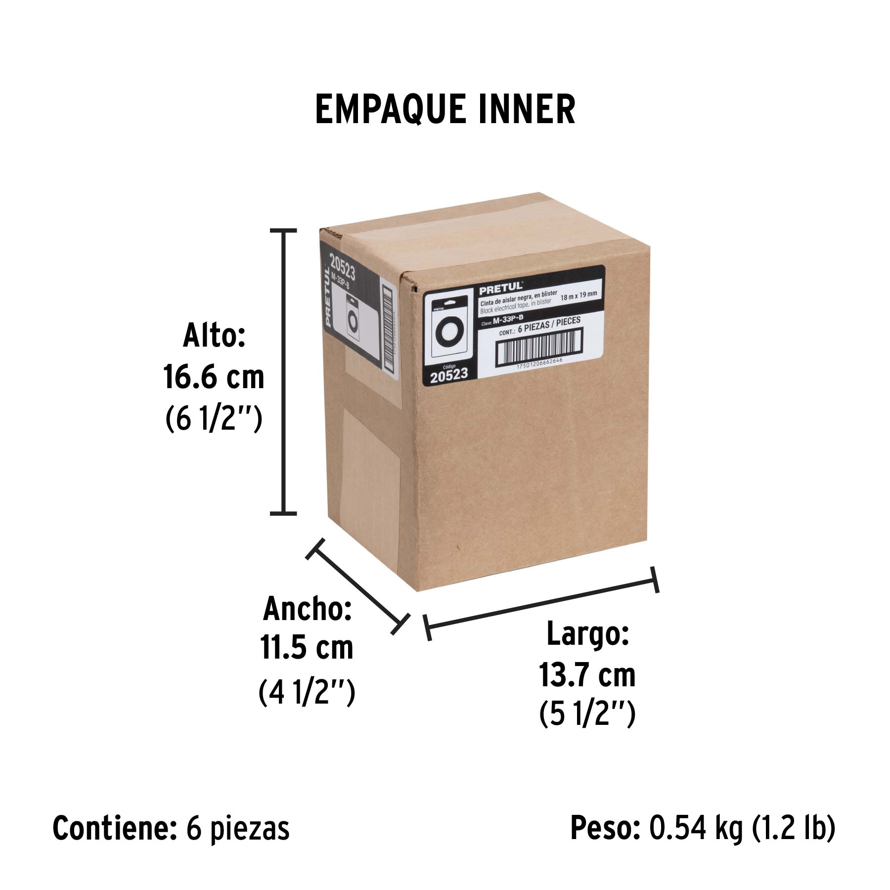 Cinta de aislar de 18 m x 19 mm, negra en blíster, PRETUL - Empaque