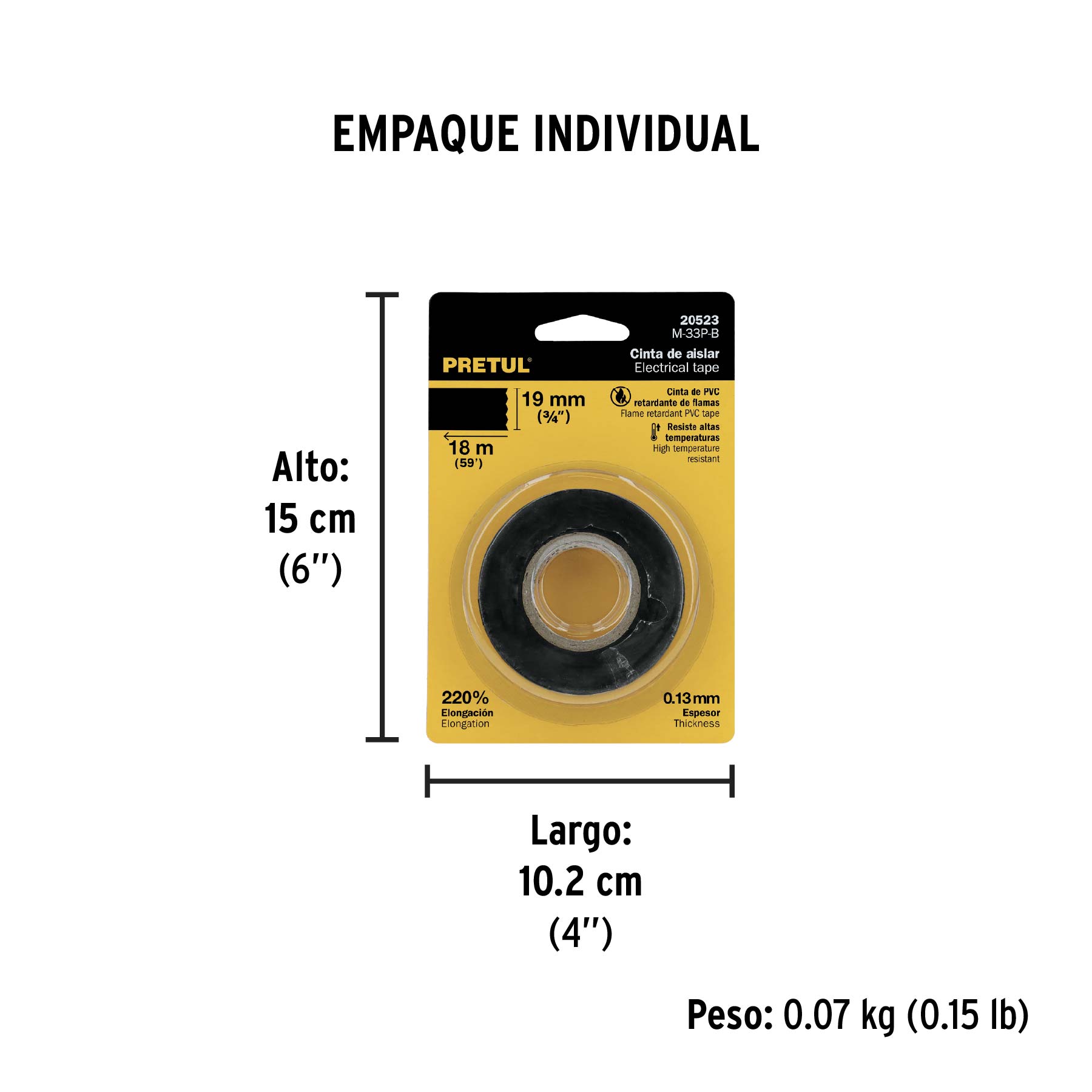 Cinta de aislar de 18 m x 19 mm, negra en blíster, PRETUL - Empaque