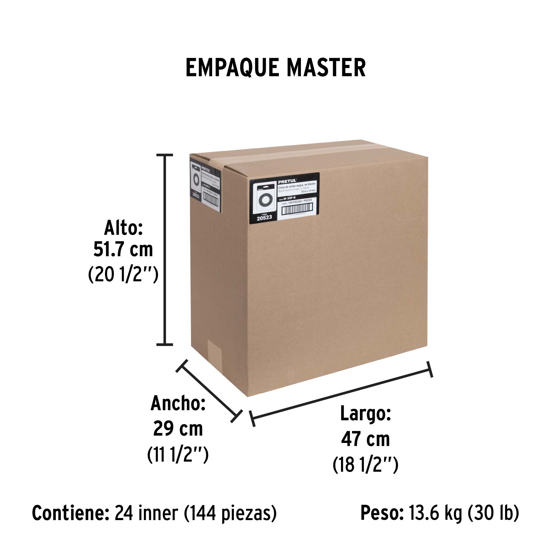 Cinta de aislar de 18 m x 19 mm, negra en blíster, PRETUL - Empaque