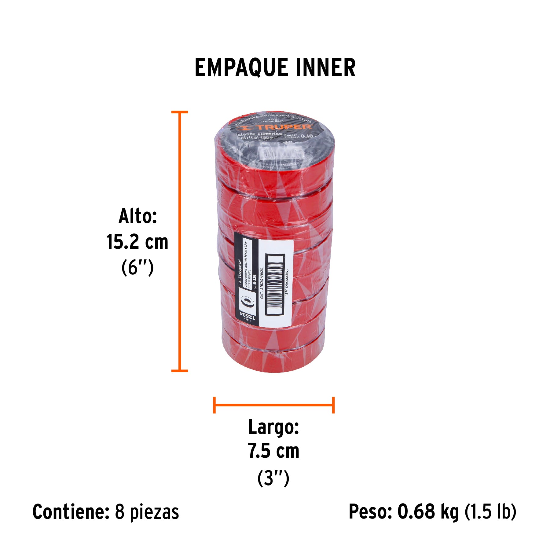 Cinta de aislar de 18 m x 19 mm, roja, TRUPER - Empaque