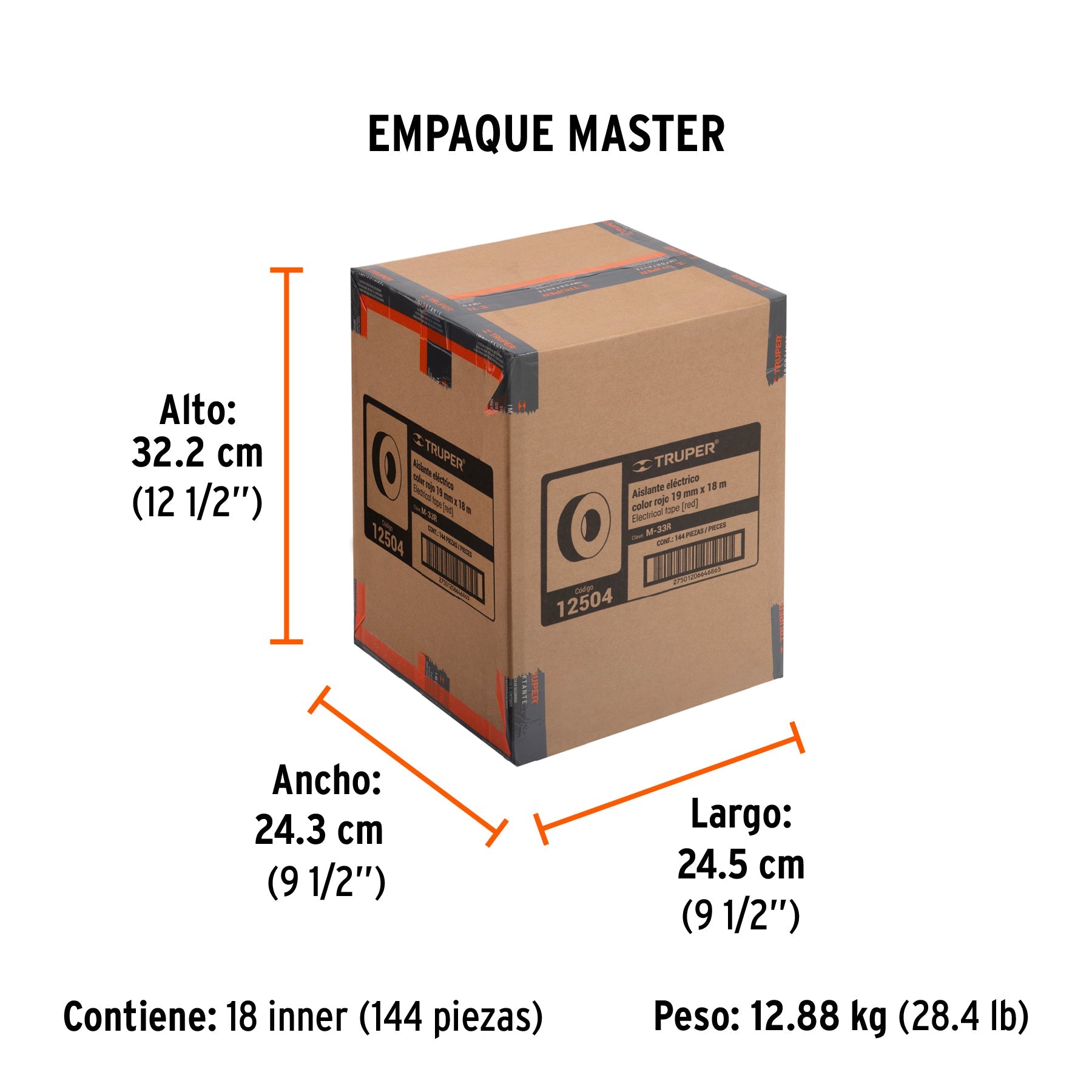 Cinta de aislar de 18 m x 19 mm, roja, TRUPER - Empaque