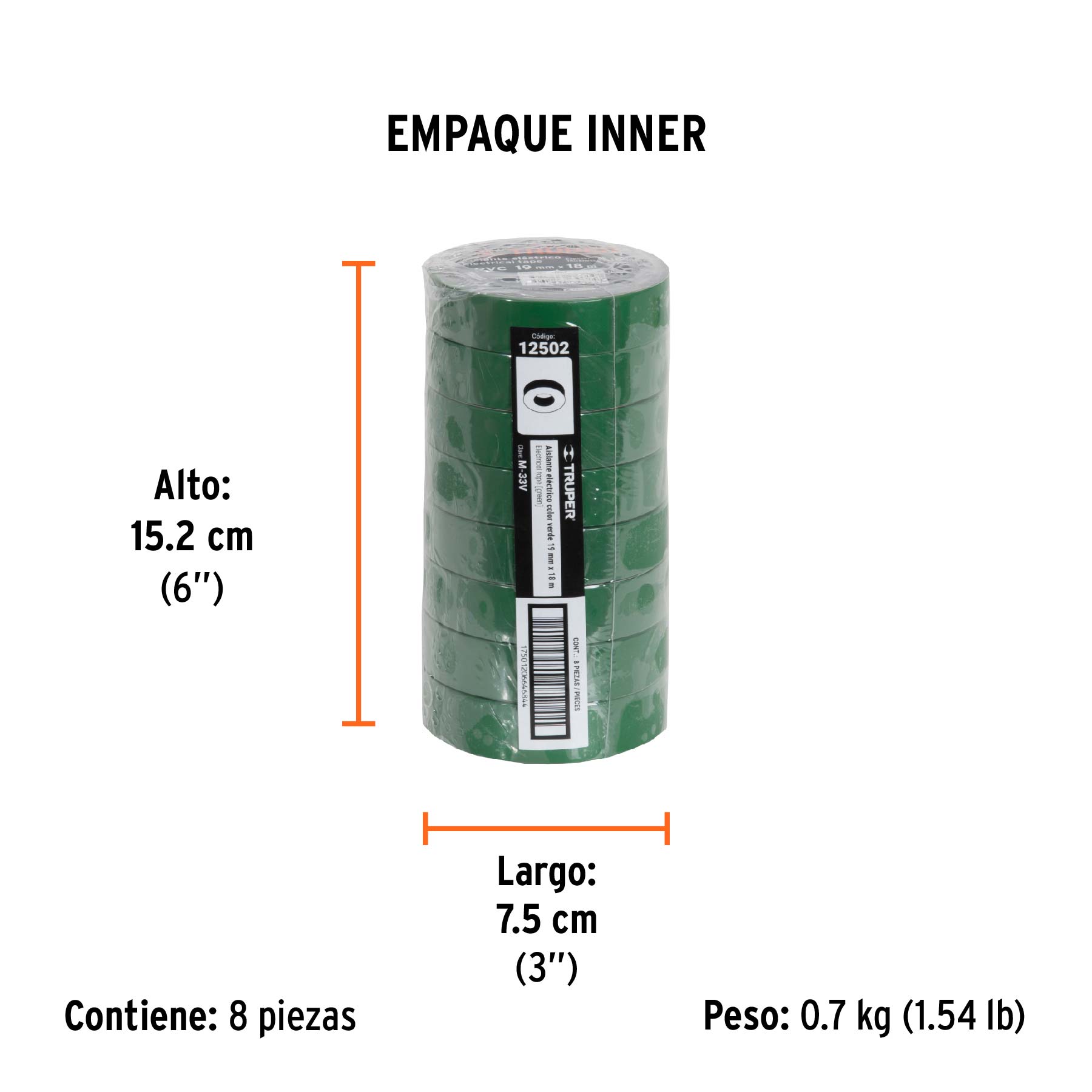 Cinta de aislar de 18 m x 19 mm, verde, TRUPER - Empaque